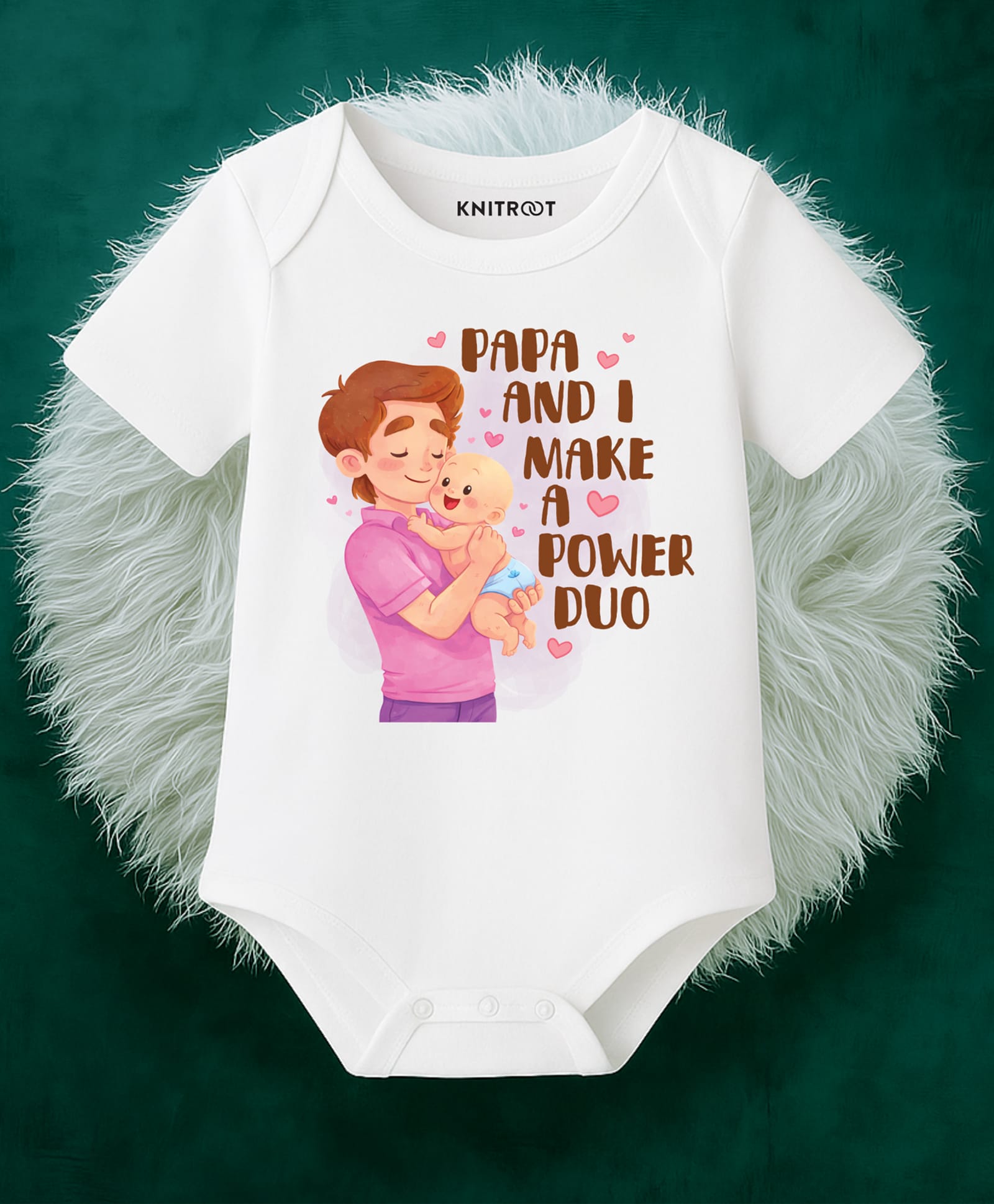 KNITROOT Cotton Lycra Knit Fathers Day Theme Half Sleeves Papa & I Make A Power Duo Text Printed Onesie - White-image-35