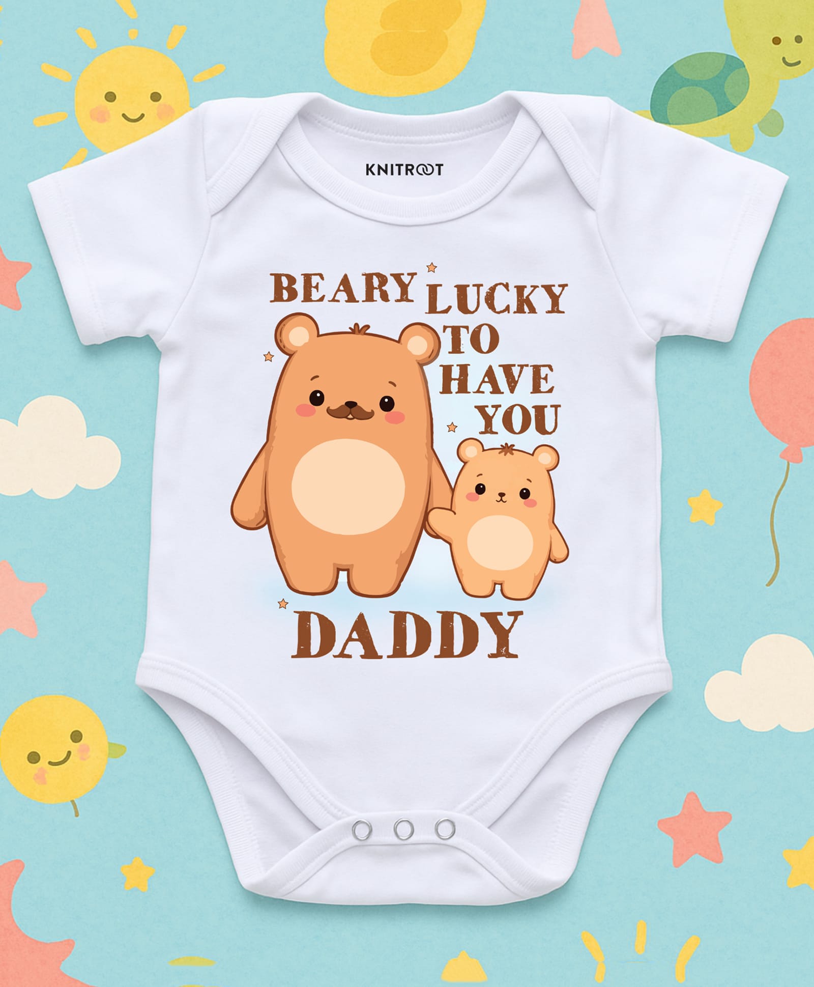 KNITROOT Cotton Lycra Knit Fathers Day Theme Half Sleeves Beary Lucky To Have You Daddy Text Printed Onesie - White-image-43