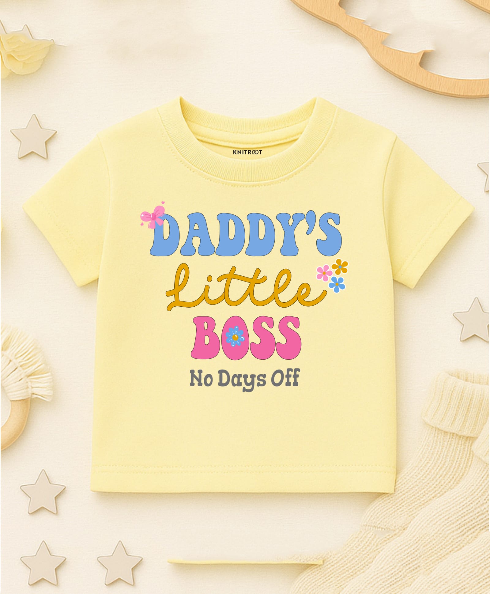 KNITROOT Cotton Knit Fathers Day Theme Half Sleeves Daddys Little Boss No Days Off Text Printed Tee - Yellow-image-23