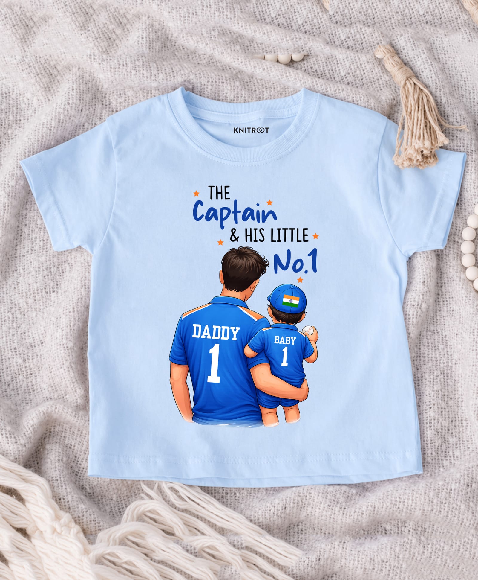 KNITROOT Cotton Knit Fathers Day Theme Half Sleeves The Captain & His Little No 1 Text Printed Tee - Blue-picture-13