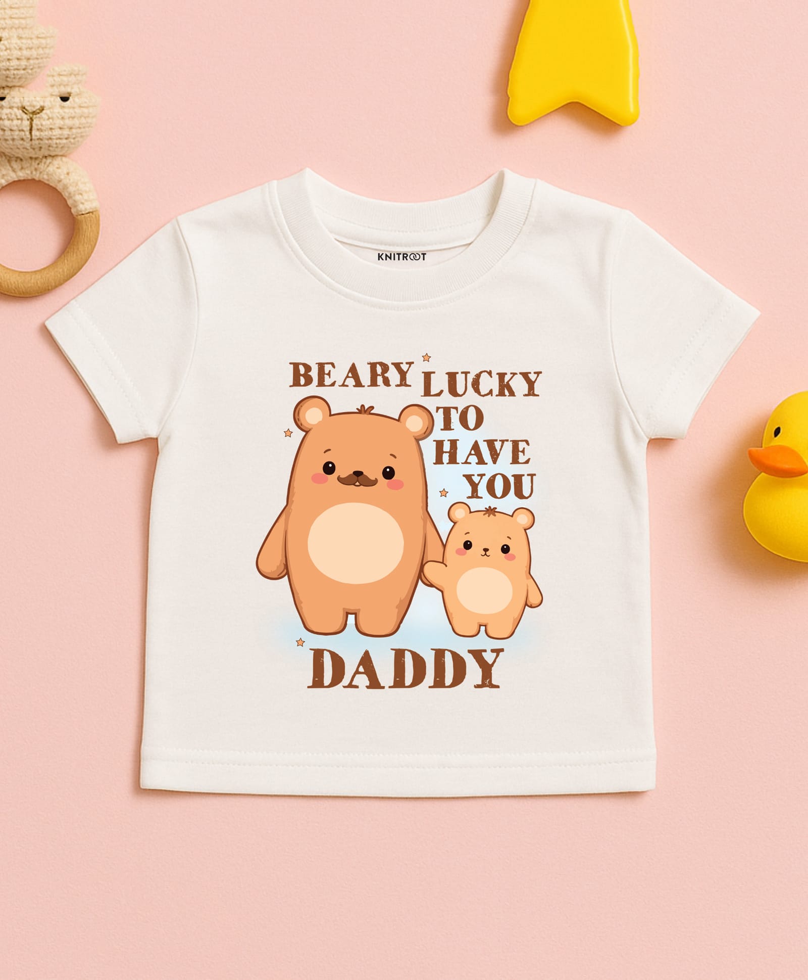 KNITROOT Cotton Knit Fathers Day Theme Half Sleeves Beary Lucky To Have You Daddy Text Printed Tee - White-image-30