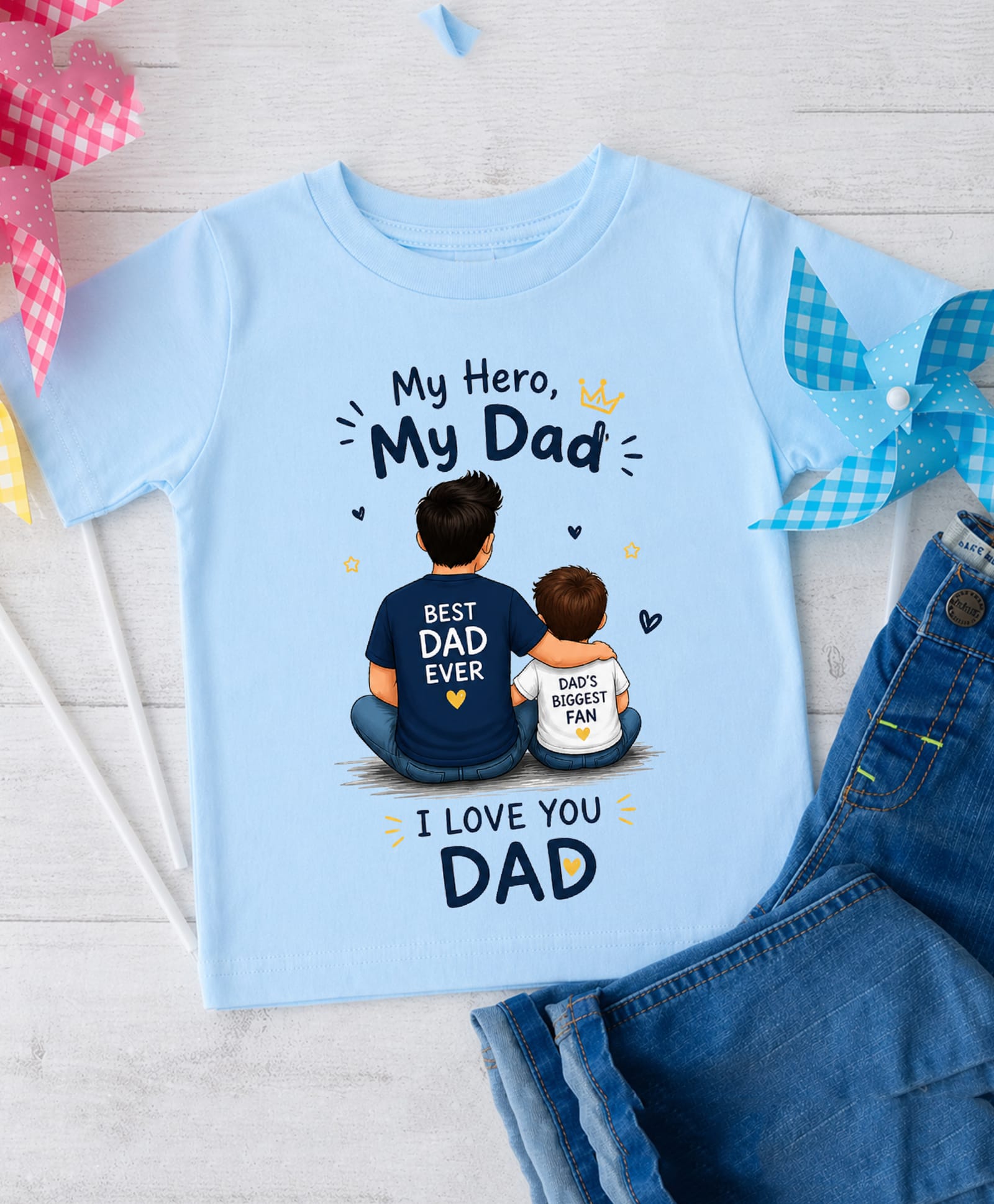 KNITROOT Cotton Knit Fathers Day Theme Half Sleeves My Hero My Dad I Love You Dad Text Printed Tee - Blue-picture-10