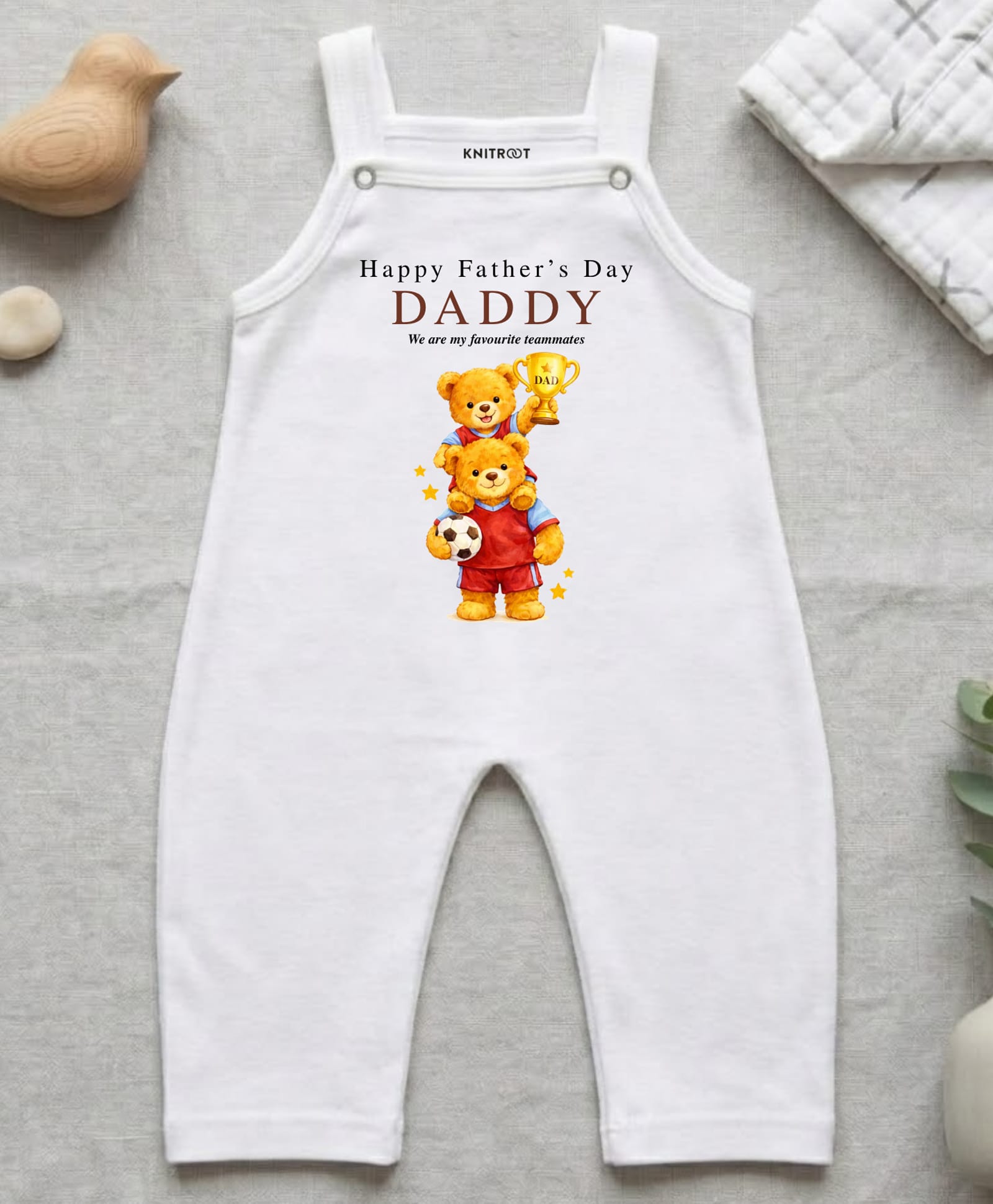 KNITROOT Cotton Knit Fathers Day Theme Sleeveless Father & Baby Bear Printed Romper - White-image-12