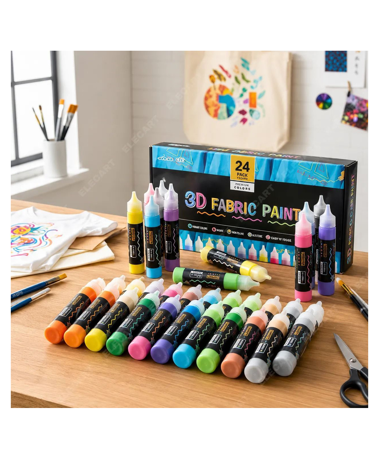 Elecart 3D Fabric Paint Set with 24 Vibrant Colors & 3 Nylon Brushes | Permanent Textile Paint Kit with Metallic, Neon, Glitter & Glow in the Dark Shades | For Fabric, Clothes, Canvas, Ceramic-picture-20