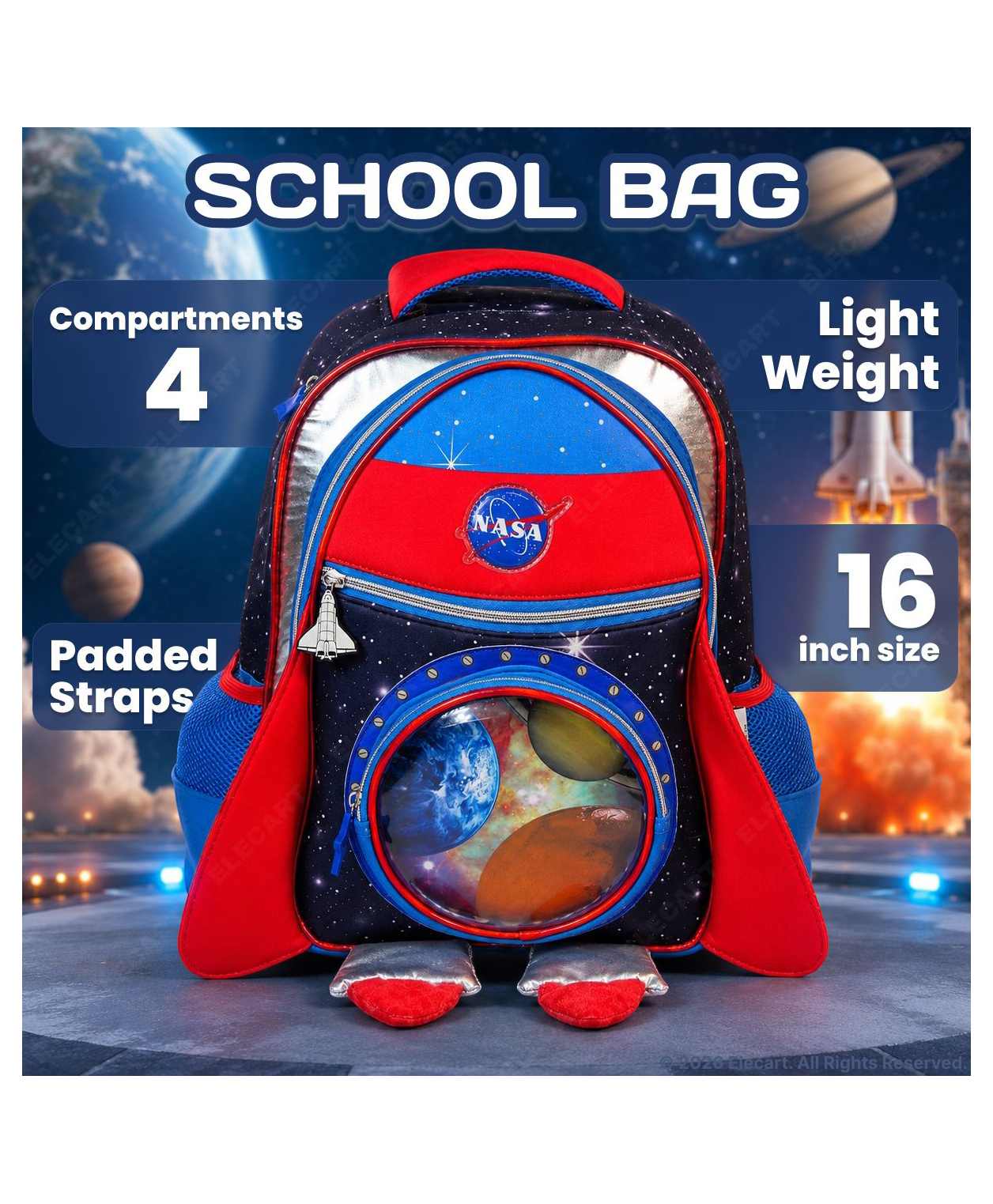 Elecart 16 Inches Space School Backpack for Kids | Durable Lightweight School Bag with Multiple Compartments, Adjustable Padded Straps, Side Pockets & Lunch Storage | Boys & Girls Travel Backpack-picture-27