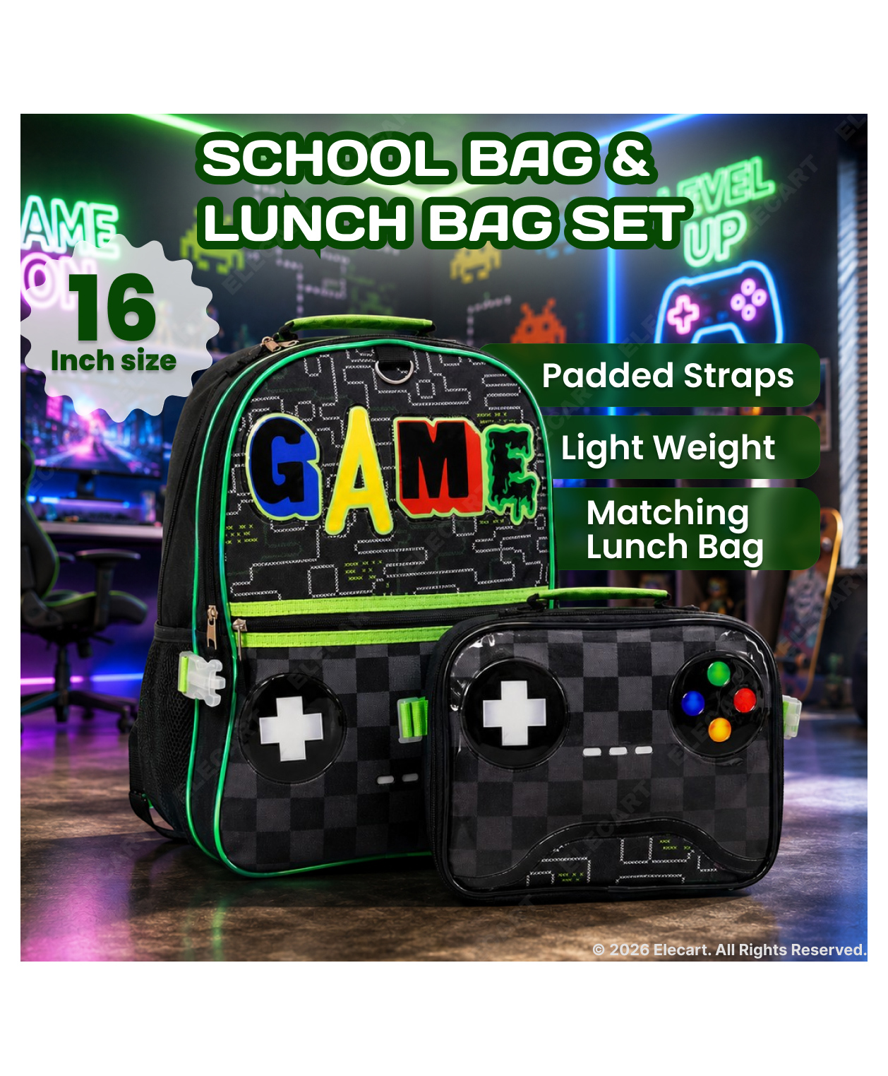 Elecart 16 Inches Game Backpack & Game theme Lunch Box Set for Boys & Girls 16 Inch School Bag with Insulated Lunch Bag | Cute Kids Backpack, Water Bottle Pocket, Padded Straps School Bag Combo-image-43