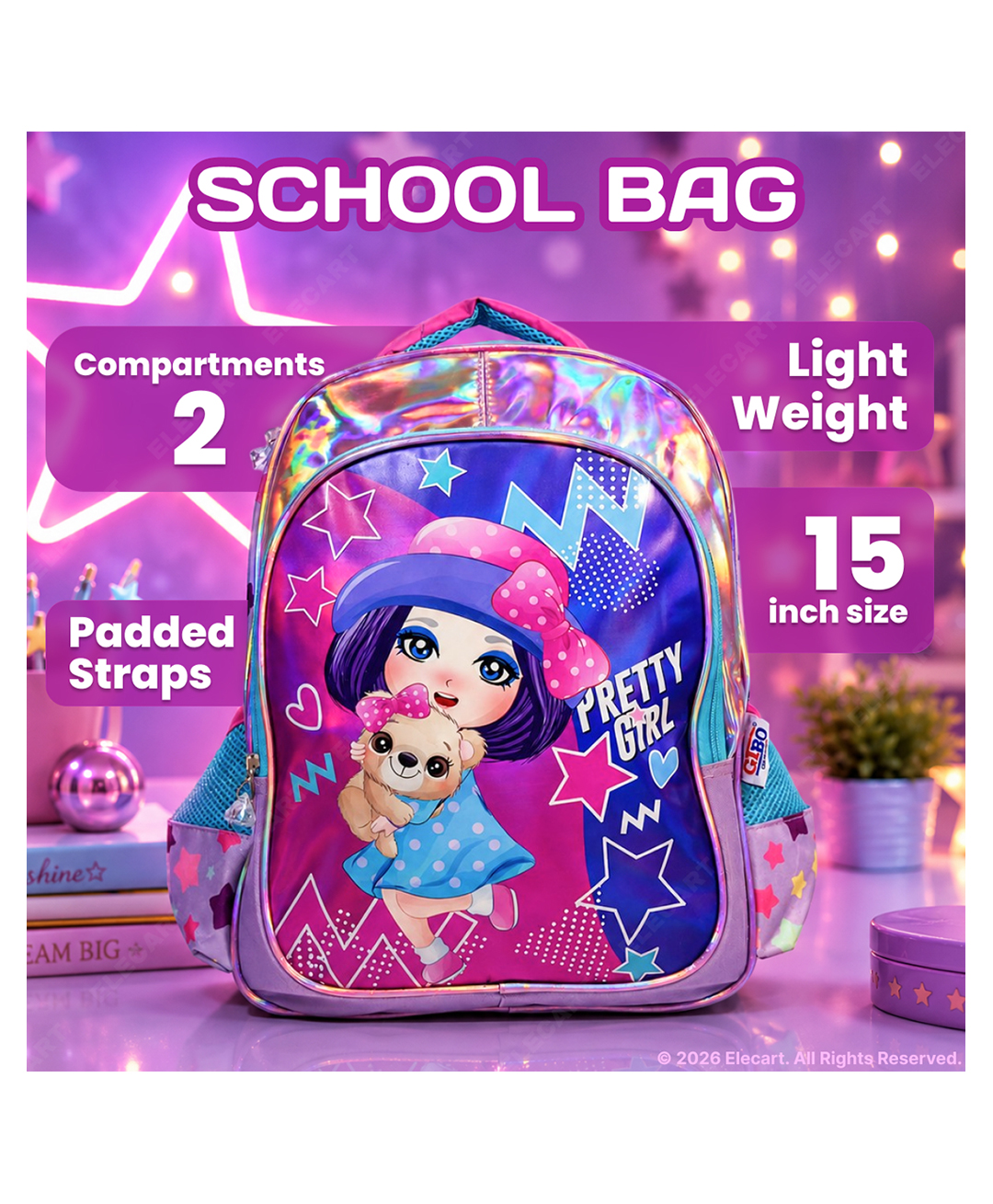 Elecart 15 Inches Kids School Backpack with Girl Design Lightweight, Durable & Water-Resistant Cartoon Backpack | Spacious Multi-Compartment School Bag with Padded Straps for Boys & Girls-image-18