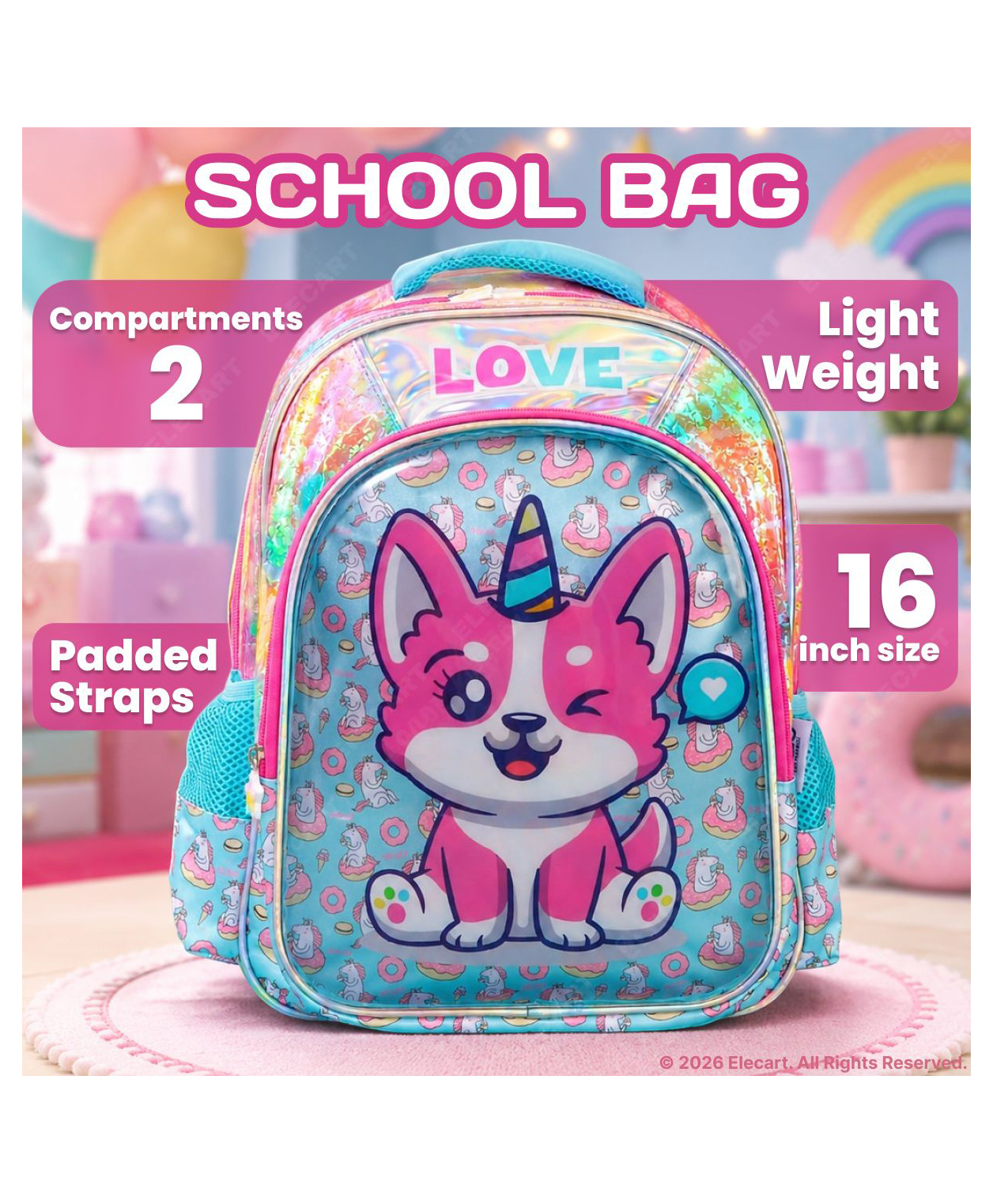 Elecart 16 Inches Kitty School Backpack for Kids | Durable Lightweight School Bag with Multiple Compartments, Adjustable Padded Straps, Side Pockets & Lunch Storage | Boys & Girls Travel Backpack-picture-7