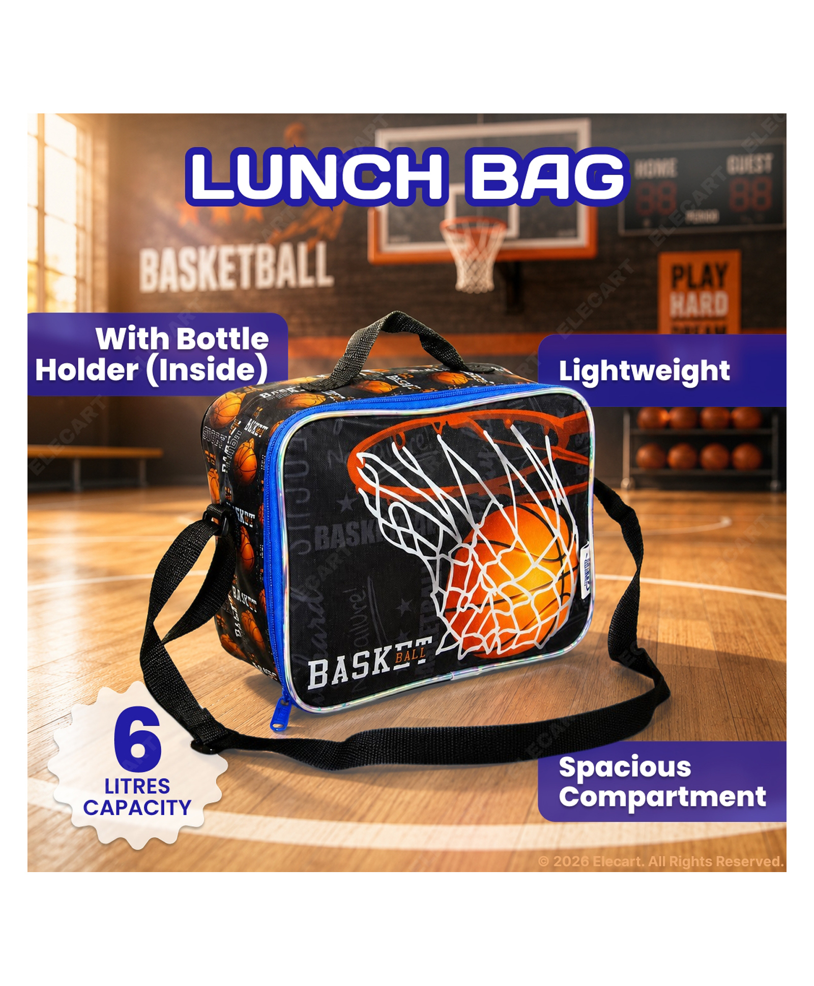 Elecart 3D Basketball Printed Insulated Lunch Bag for Kids | Thermal Tiffin Storage Bag | Waterproof Portable Lunch Box Carrier for School, Travel, Picnic & Daycare | Durable Lunch Tote for Kids-picture-12