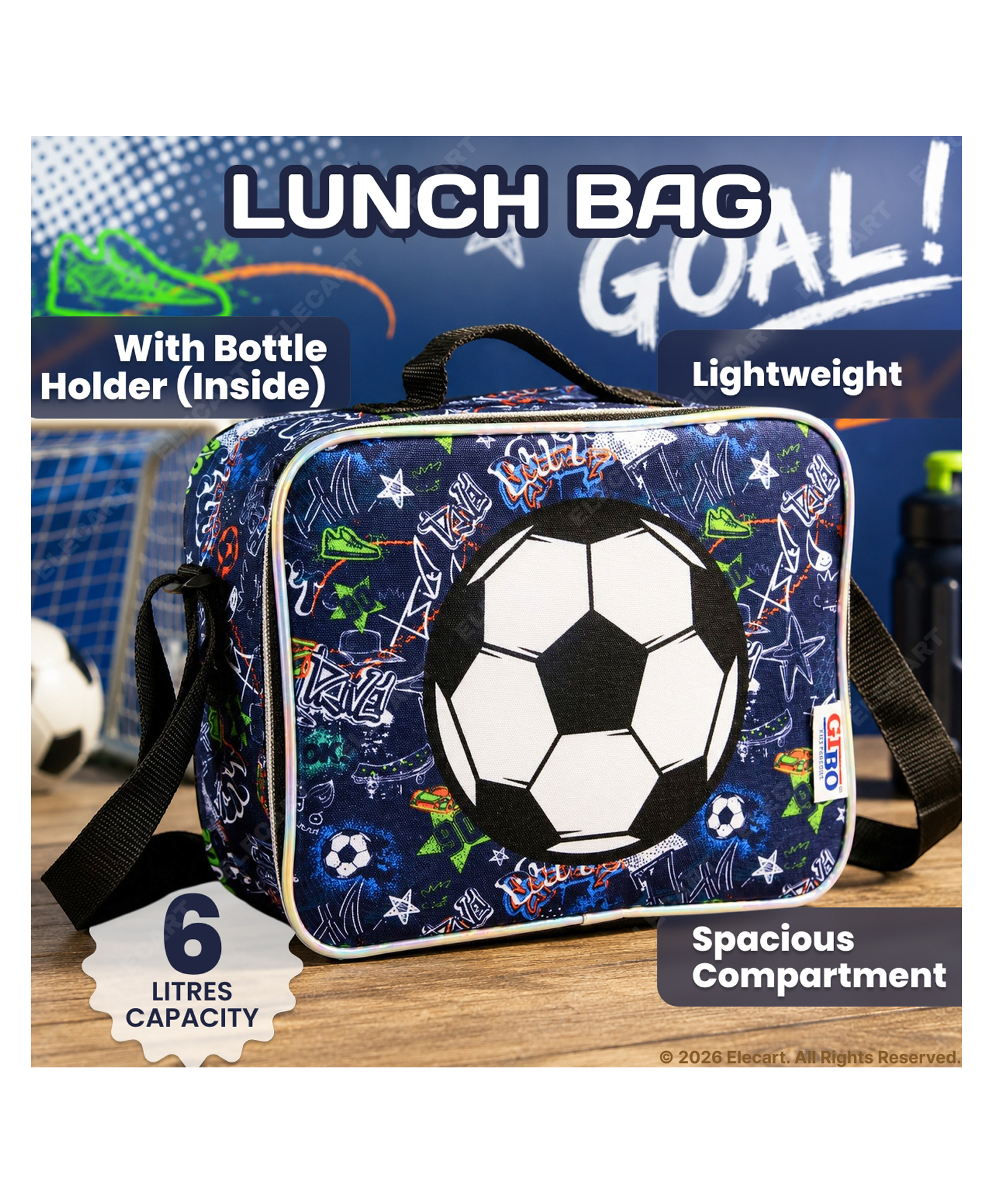 Elecart 3D Football Printed Insulated Lunch Bag for Kids | Thermal Tiffin Storage Bag | Waterproof Portable Lunch Box Carrier for School, Travel, Picnic & Daycare | Durable Lunch Tote for Boys & Girls-image-13
