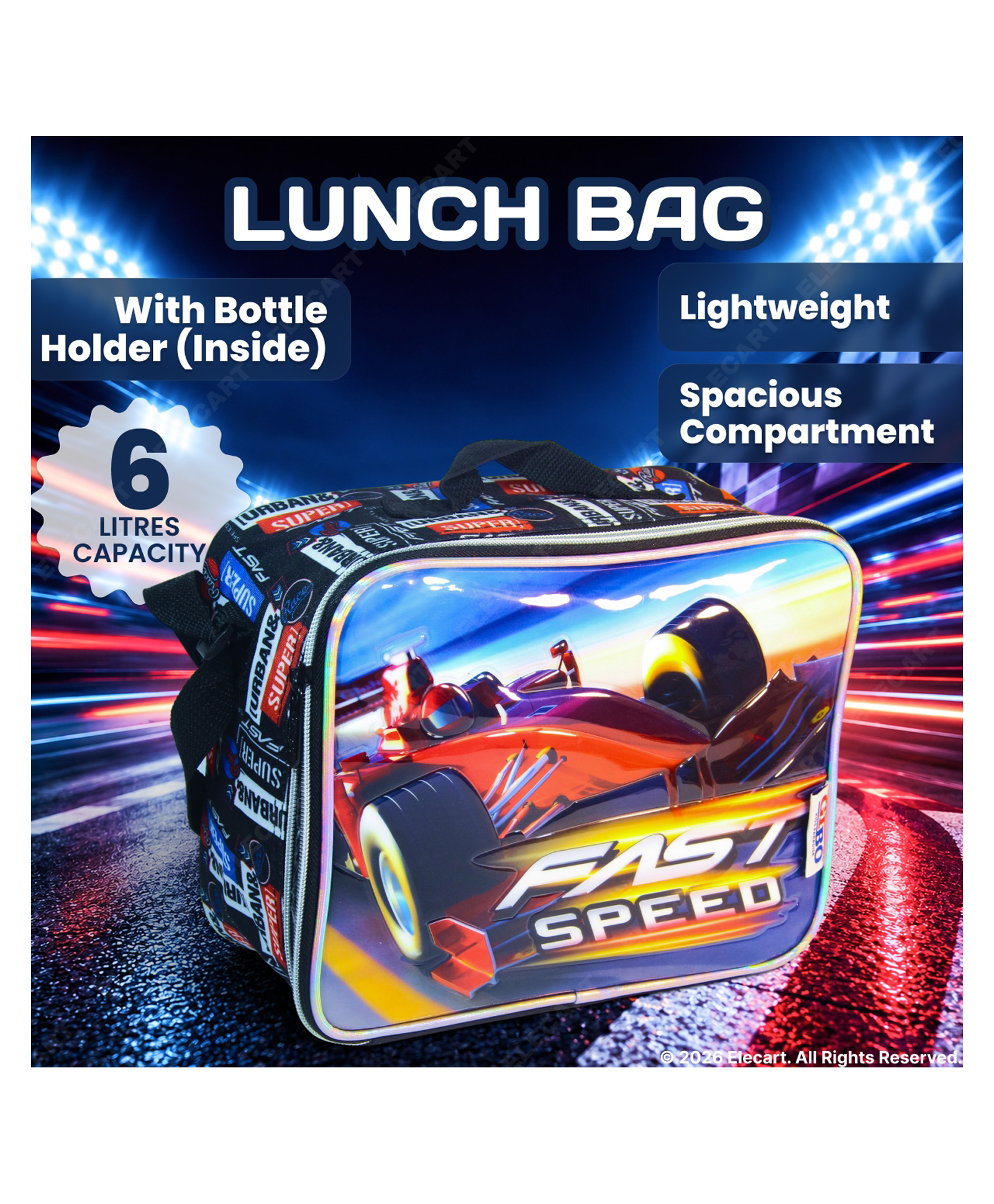 Elecart 3D Car Printed Insulated Lunch Bag for Kids | Thermal Tiffin Storage Bag | Waterproof Portable Lunch Box Carrier for School, Travel, Picnic & Daycare | Durable Lunch Tote for Boys & Girls-image-4
