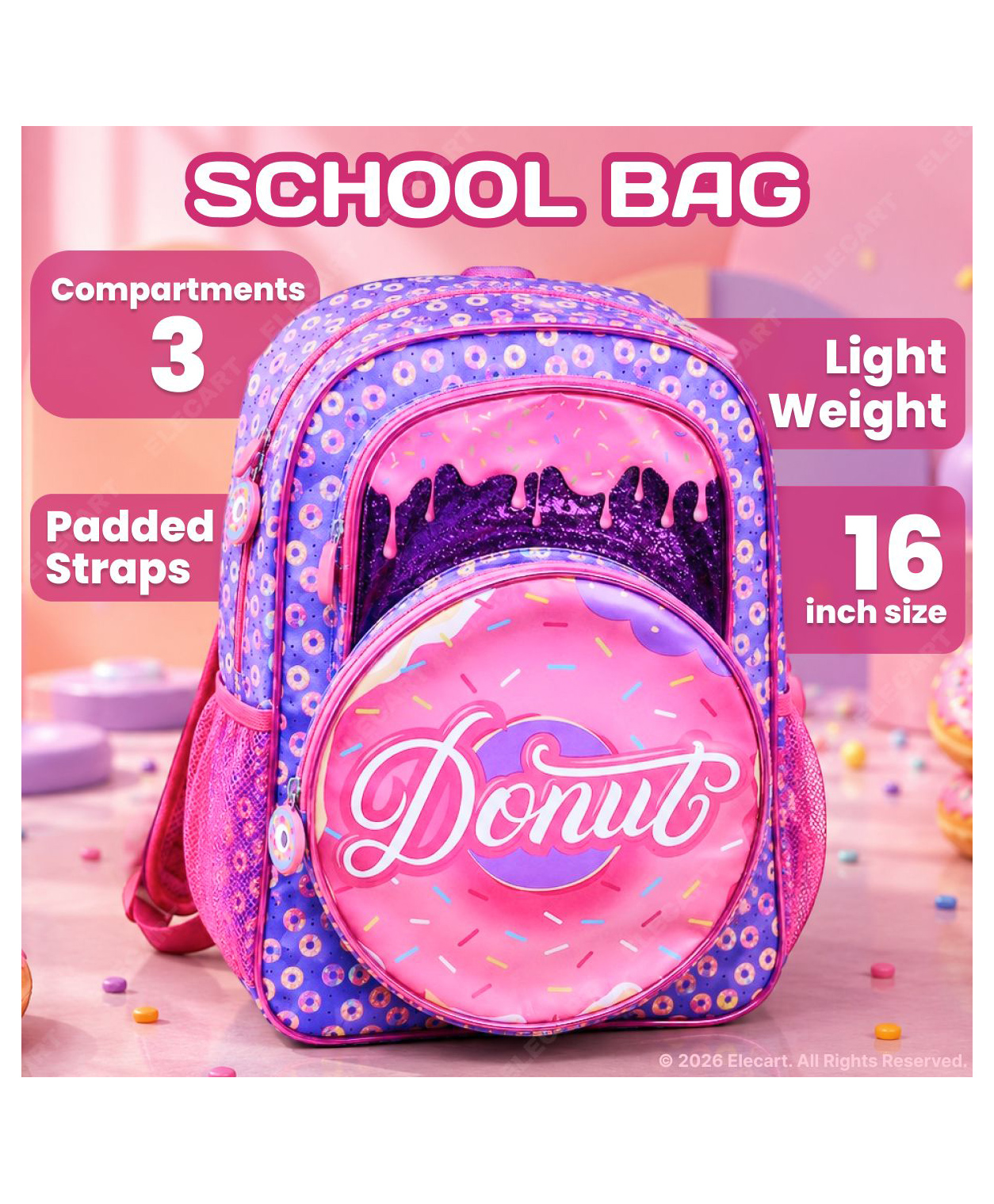 Elecart 15 Inches Cute Donut Backpack for Girls Glitter 3D School Bag, Lightweight Waterproof Preschool Bag with Multiple Compartments, Stylish Cartoon Daypack for School, Travel & Birthday Gift-image-19