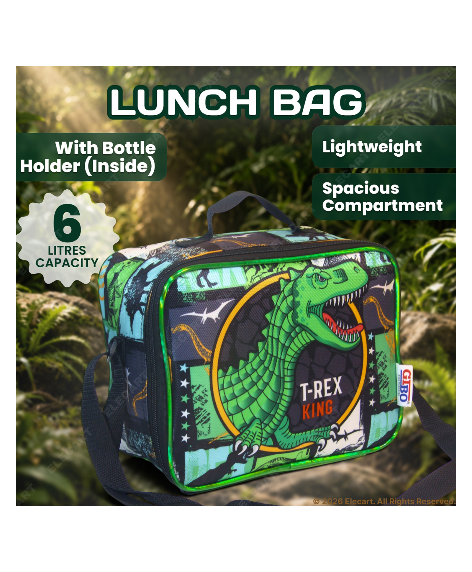 Elecart 3D Dino Printed Insulated Lunch Bag for Kids | Thermal Tiffin Storage Bag | Waterproof Portable Lunch Box Carrier for School, Travel, Picnic & Daycare | Durable Lunch Tote for Boys & Girls-image-2