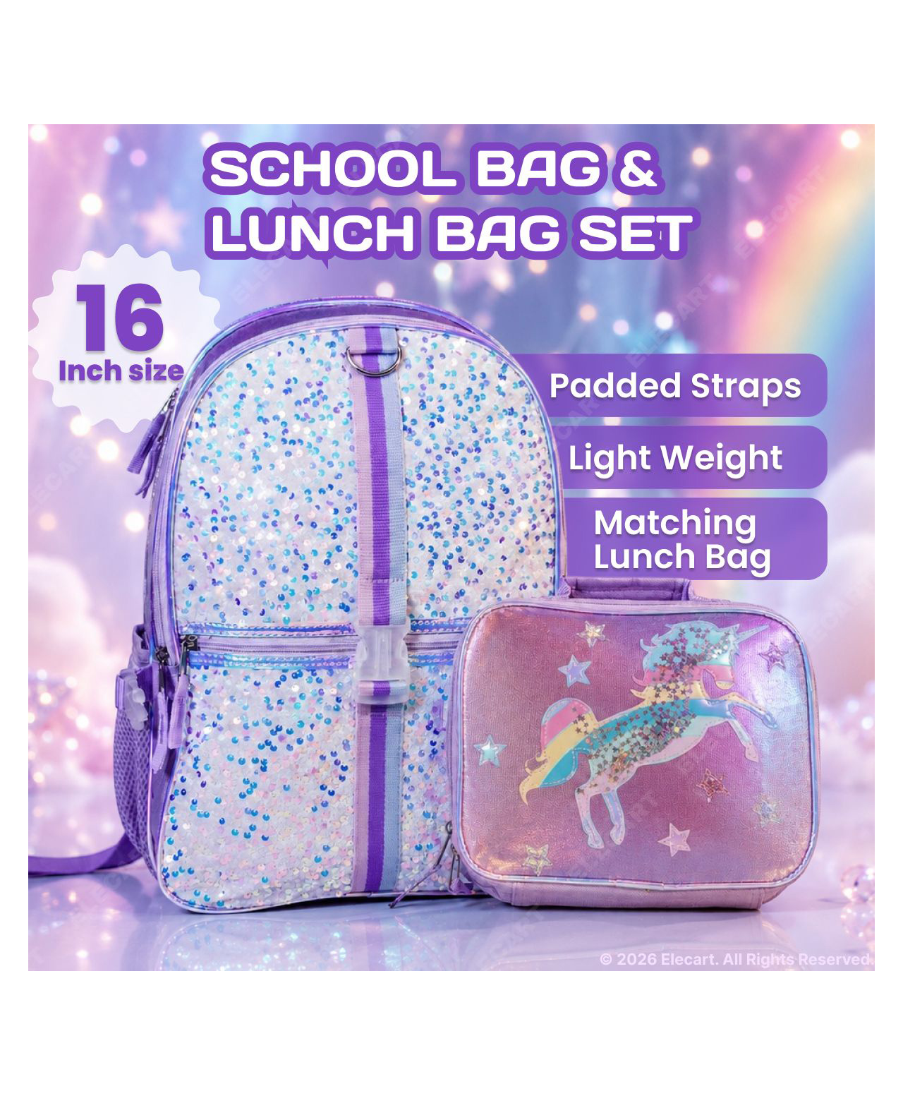Elecart 17 Inches Horse Backpack & Horse Shaped Lunch Box Set for Boys & Girls School Bag with Insulated Lunch Bag | Cute Kids Backpack with Laptop Sleeve, Water Bottle Pocket Travel & School Bag-image-3