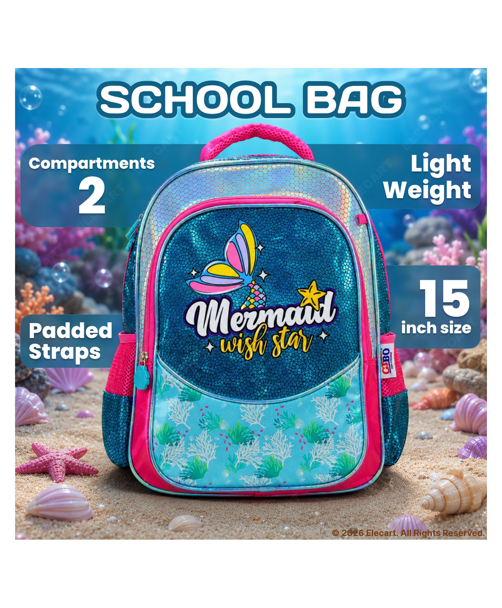 Elecart 15 Inch Mermaid Backpack for Kids | 3 Compartments School Bag | Water Resistant Lightweight Travel Backpack | Durable Book Bag for Boys & Girls | Daily Use-image-34