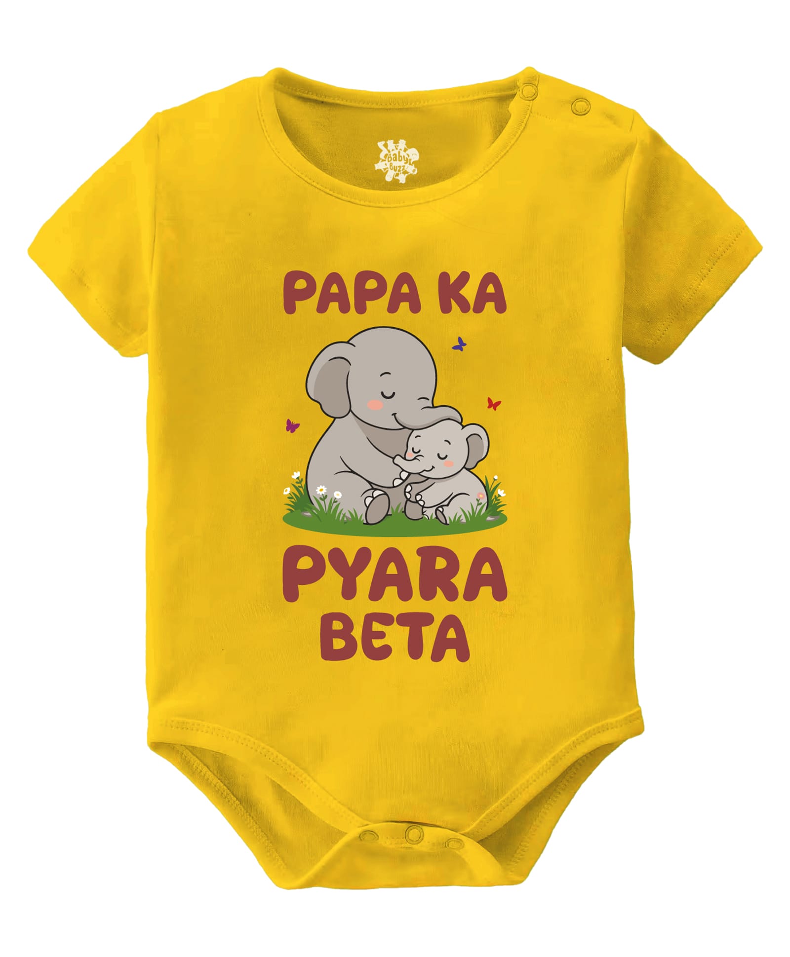 Baby Buzz 100% Cotton Knit Half Sleeves Papa Ka Pyara Beta Text Printed Onesie - Yellow-picture-12