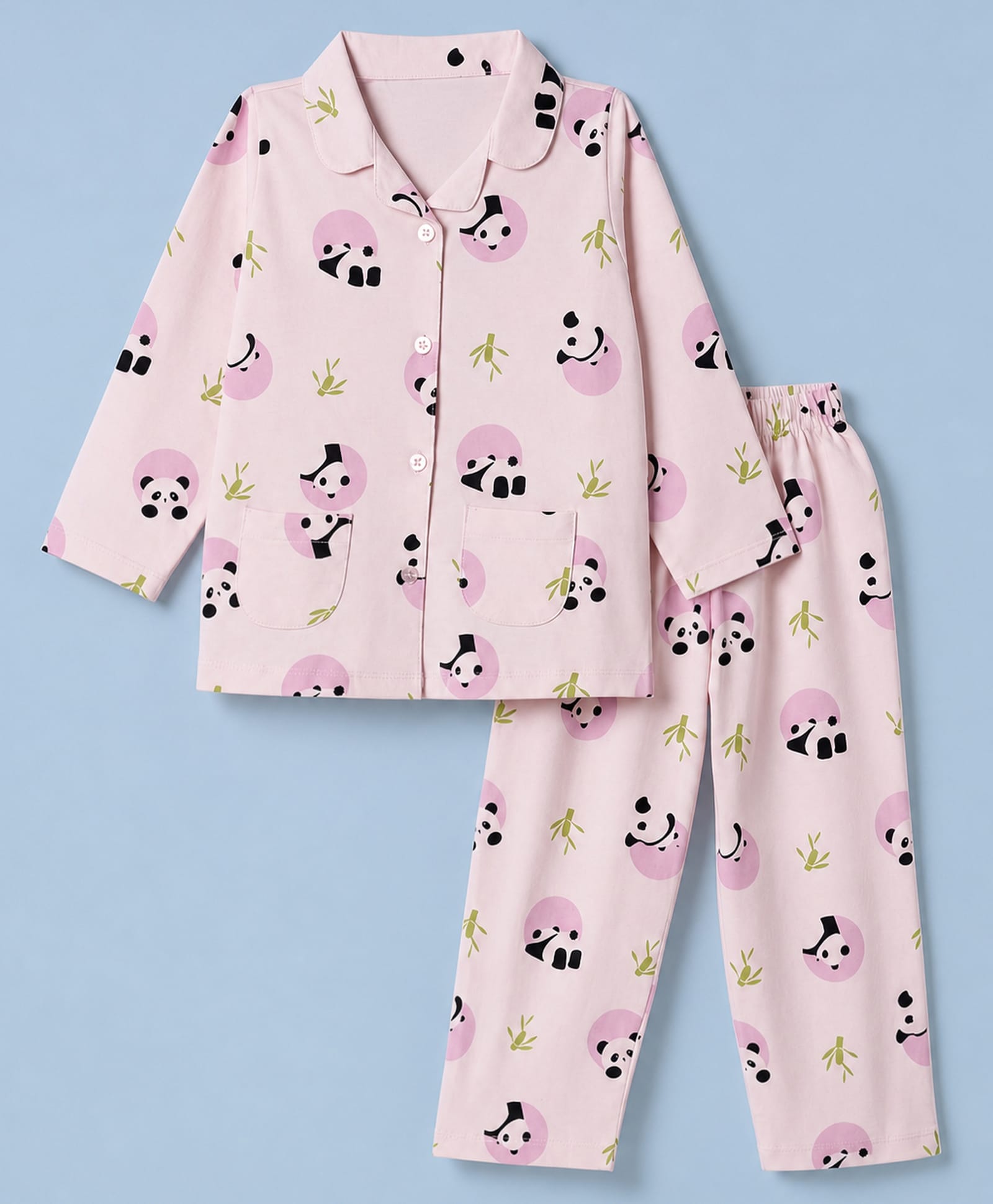 Evimo Single Jersey Knit Full Sleeves Co-Ords Shirt & Pyjama Night Suit with Panda Print - Pink-picture-6
