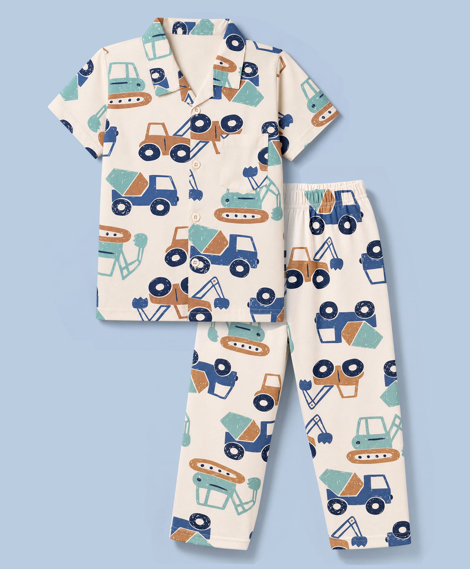 Evimo Single Jersey Knit Half Sleeves Co-Ords Shirt & Pyjama Night Suit with Vehicle Print - Beige-picture-15