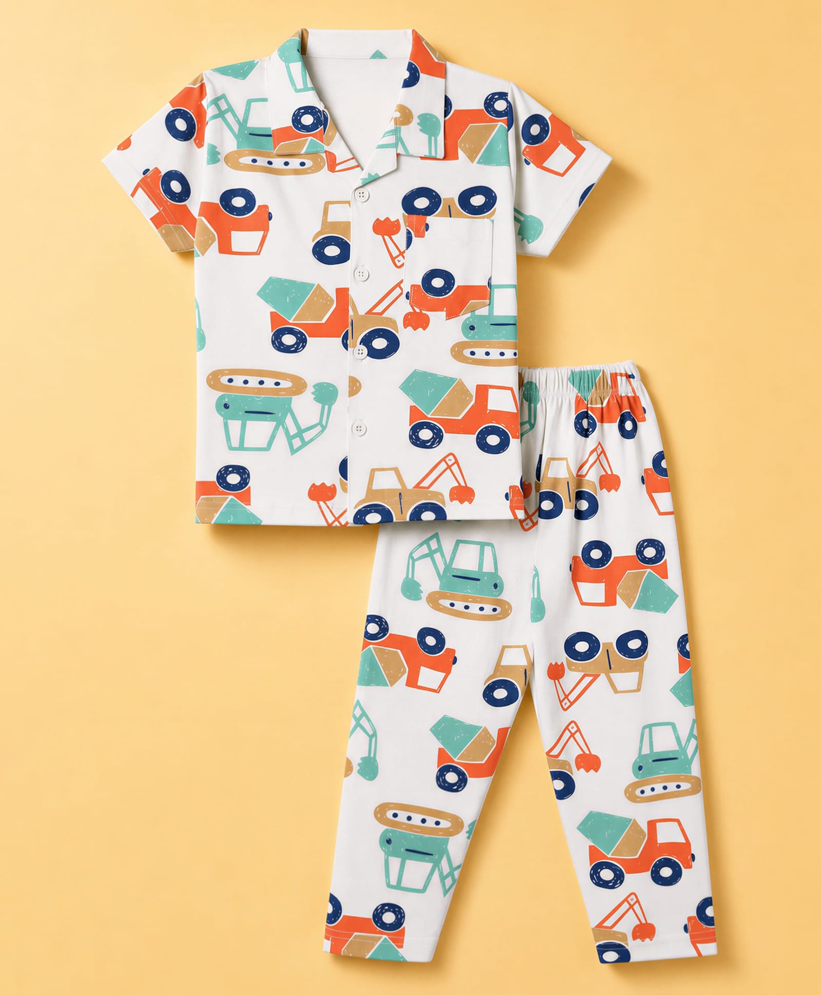 Evimo Single Jersey Knit Half Sleeves Co-Ords Shirt & Pyjama Night Suit with Vehicle Print - Light Green-picture-30