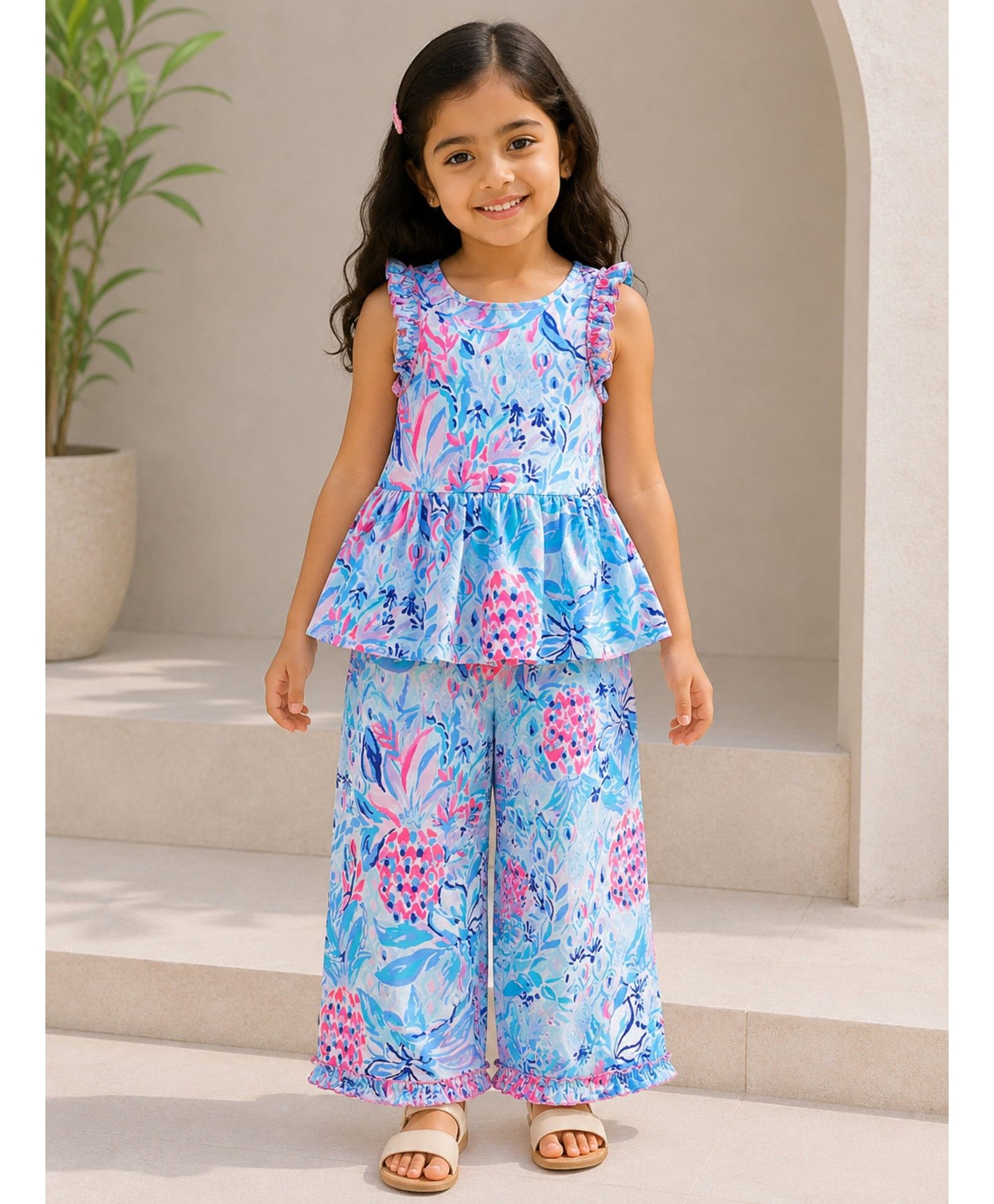 Tiara Cotton Jersey Knit Sleeveless Floral Printed Coordinating Peplum Top & Palazzo Set - Blue-picture-29