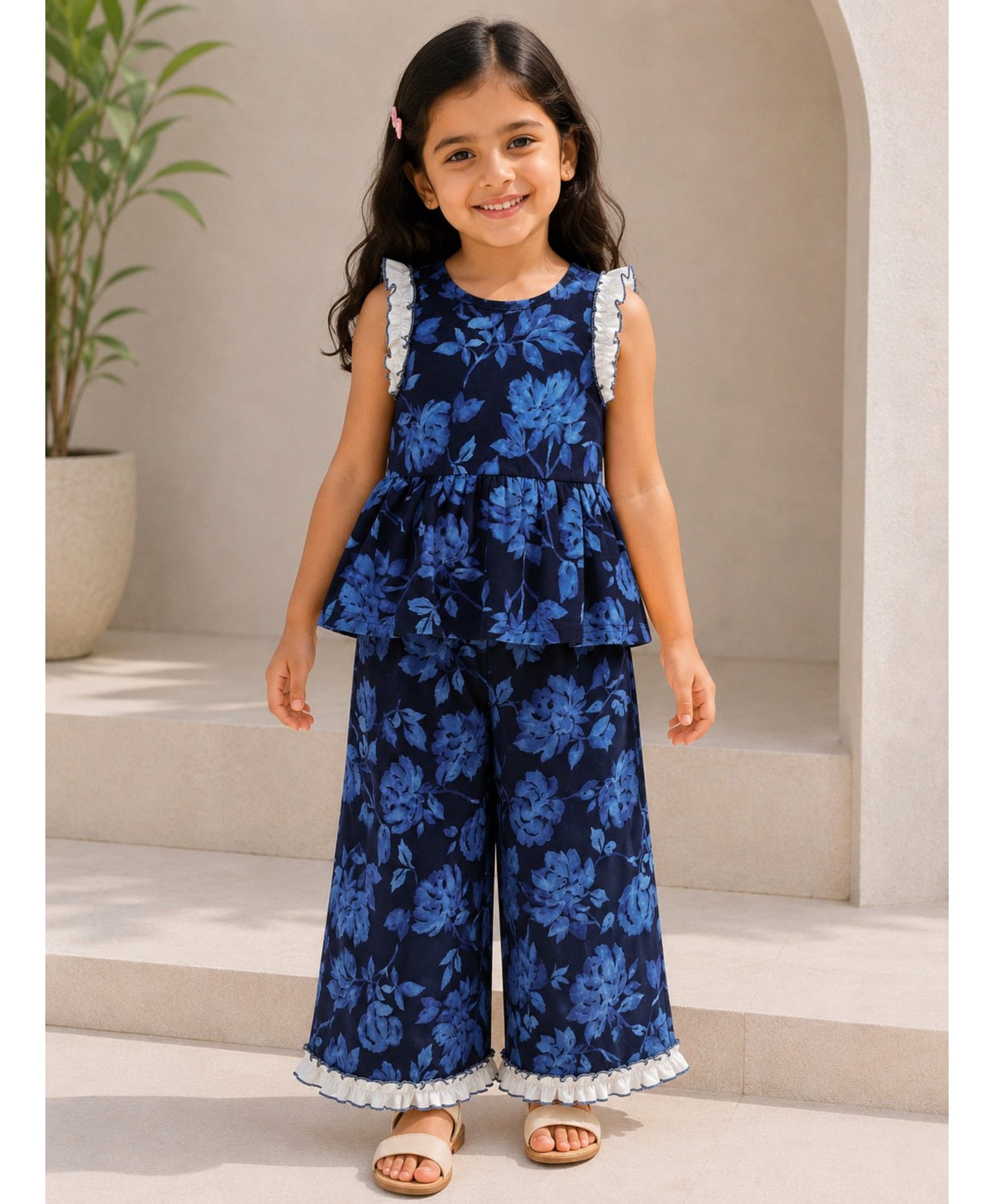 Tiara Cotton Jersey Knit Sleeveless Floral Printed Coordinating Peplum Top & Palazzo Set - Blue-picture-21