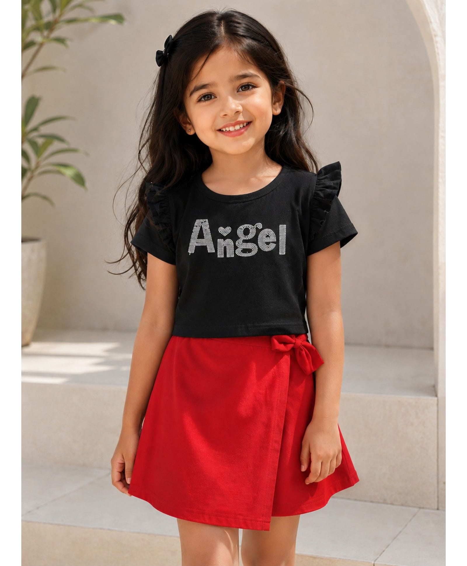 Tiara Cotton Spandex Knit Half Sleeves Angel Text Stone Embellished Top & Skort Set - Red-picture-15