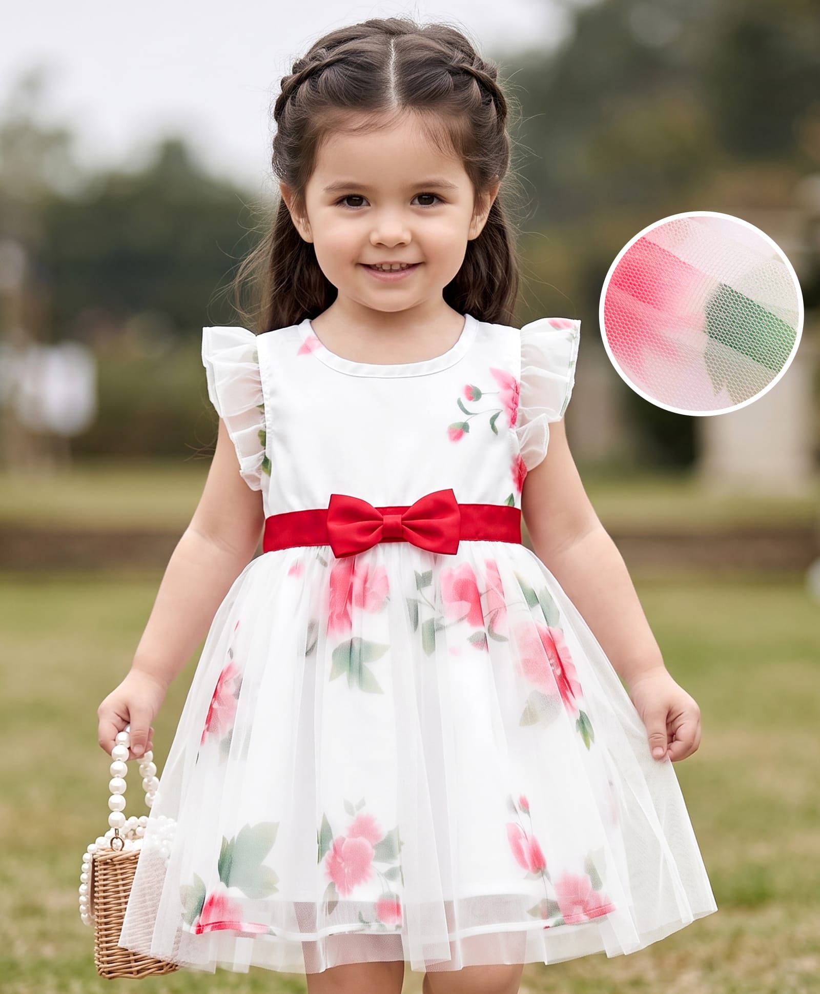 kookie kids india Kookie Kids Woven Frill Sleeves Floral Printed Party Frock with Bow Applique - White-picture-11
