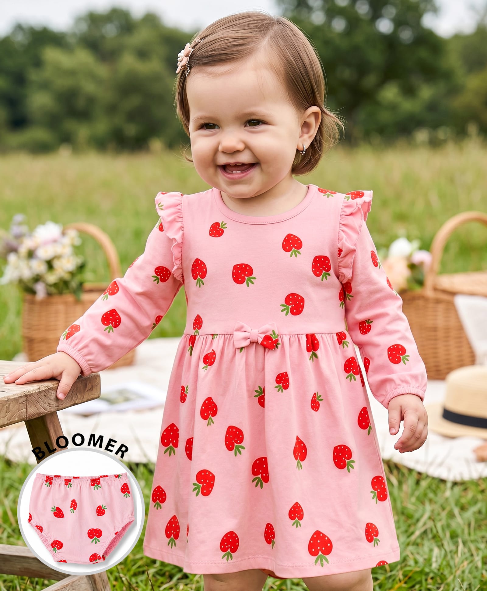 Doodle Poodle 100% Cotton Single Jersey Knit Full Sleeves Strawberry Printed Frock With Bloomer - Pink-picture-46