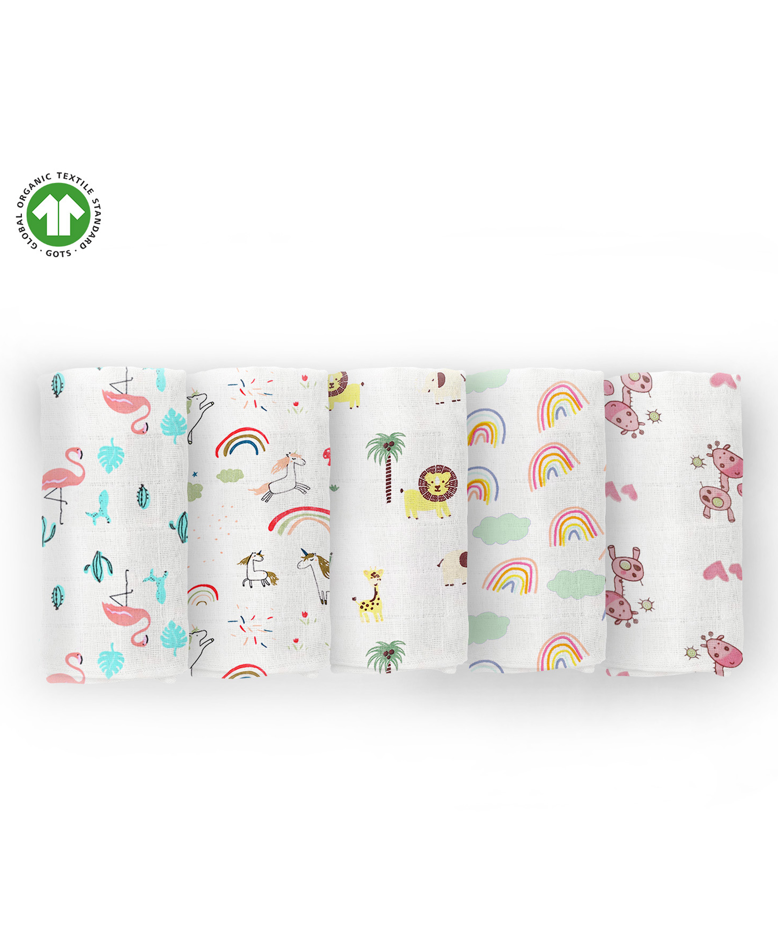 Moms Home Organic Cotton Muslin Swaddle| Soft Pure Cotton Sheets Baby Wrap Set for Newborn Babies | Flamingo, Unicorn, Lion, Rainbow & Pink Giraffe| Pack of 5-image-14