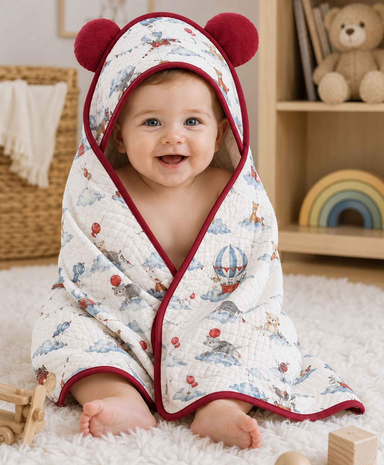 Teri Beri Cotton Muslin 8 Layer Hooded Towel With Floral Print & Applique L 90 x B 90 cm - Red-picture-25