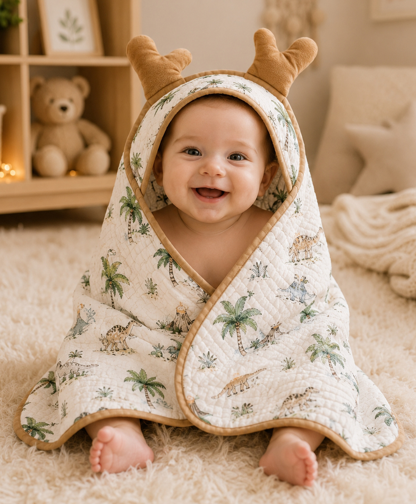 Teri Beri Cotton Muslin 8 Layer Hooded Towel With Floral Print & Applique L 90 x B 90 cm - Brown-image-13