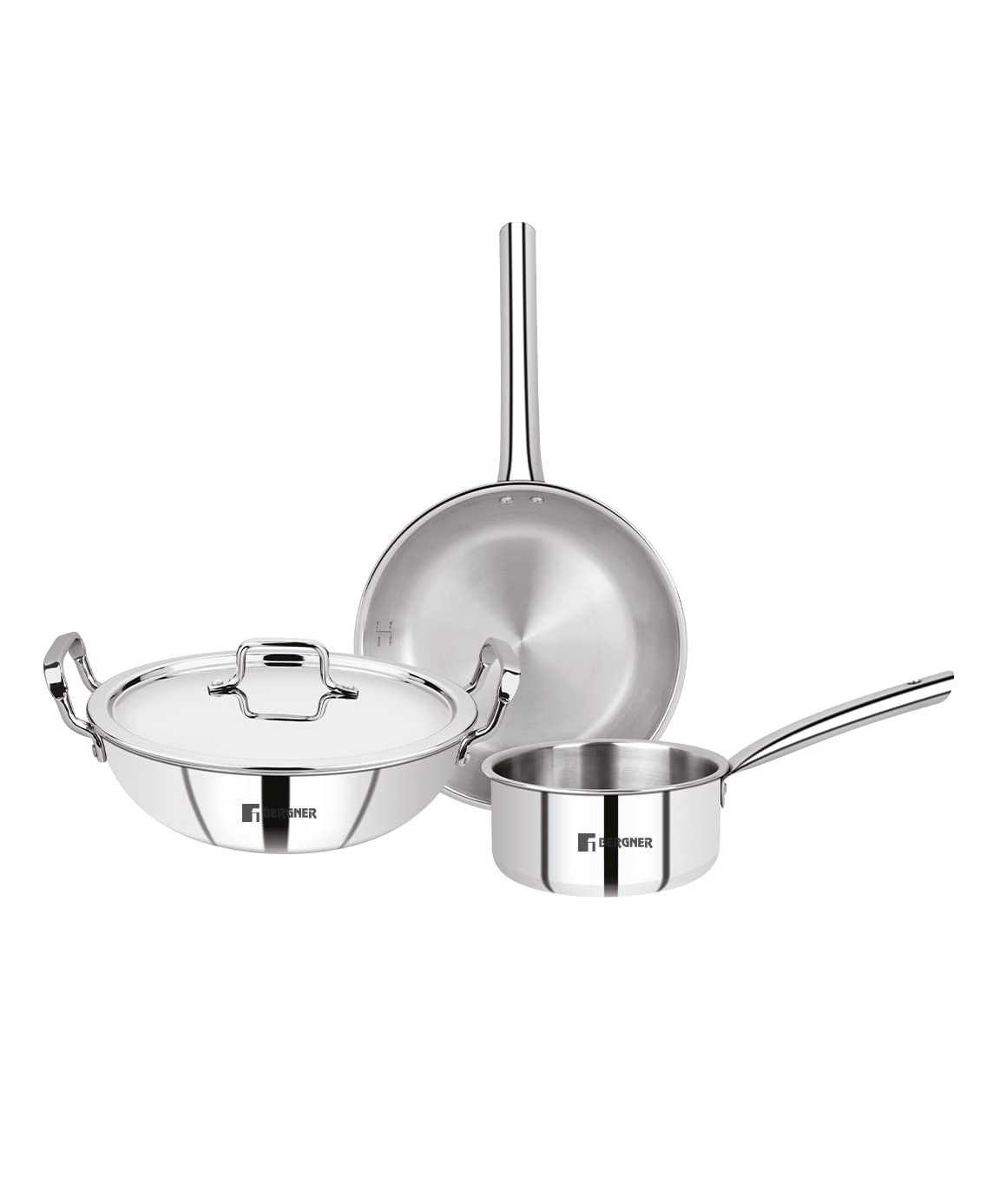 Bergner Tripro Triply Stainless Steel 4 Pc Cookware Set, 24 cm 3 Litre Indian Wok/Kadai with Lid, 24 cm 1.5 Litre Frypan, 16 cm 1.7 Litre Teapan - Silver-picture-26