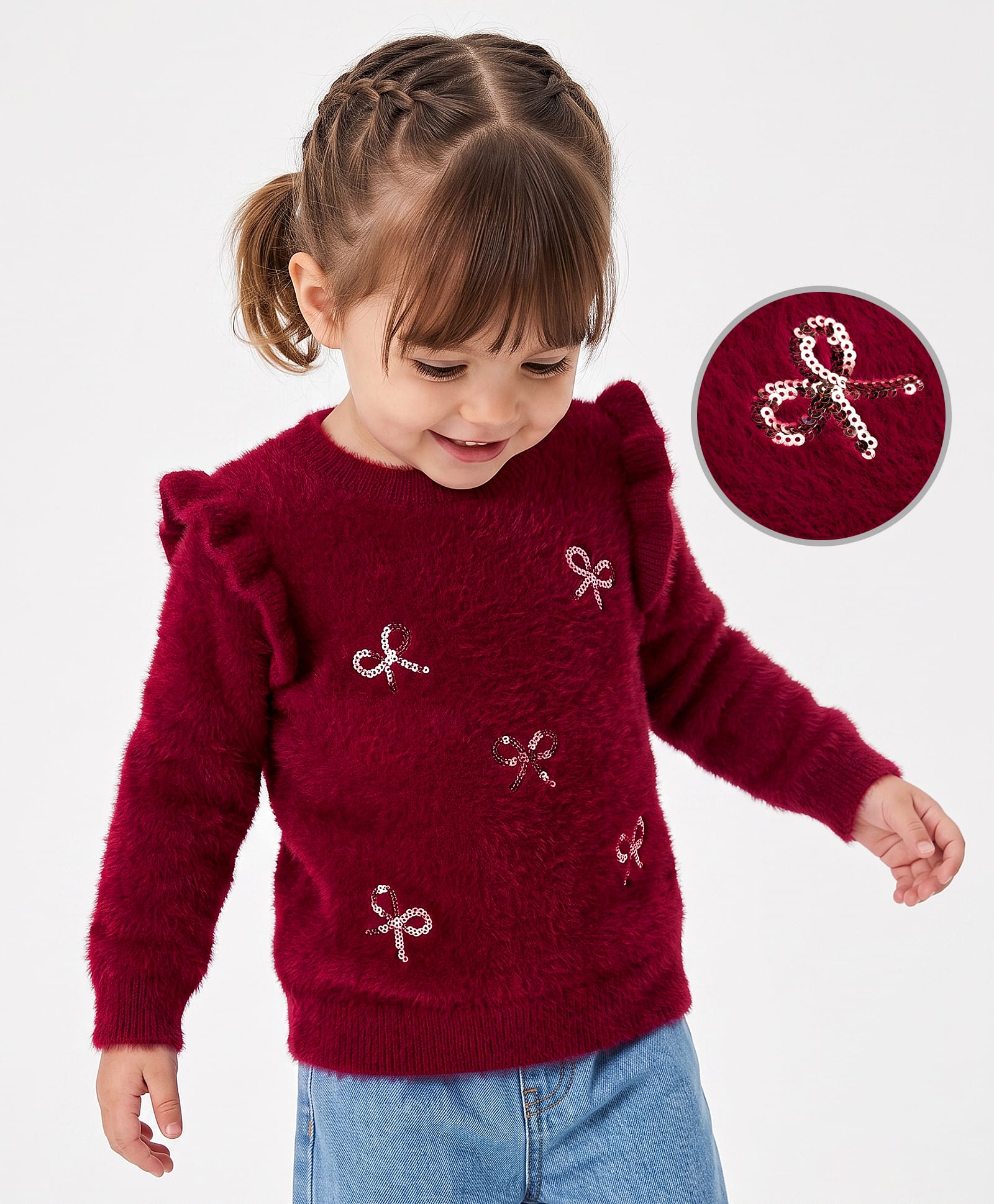 Babyoye Knit Full Sleeves Pullovers With Sequins Bow - Maroon-image-17