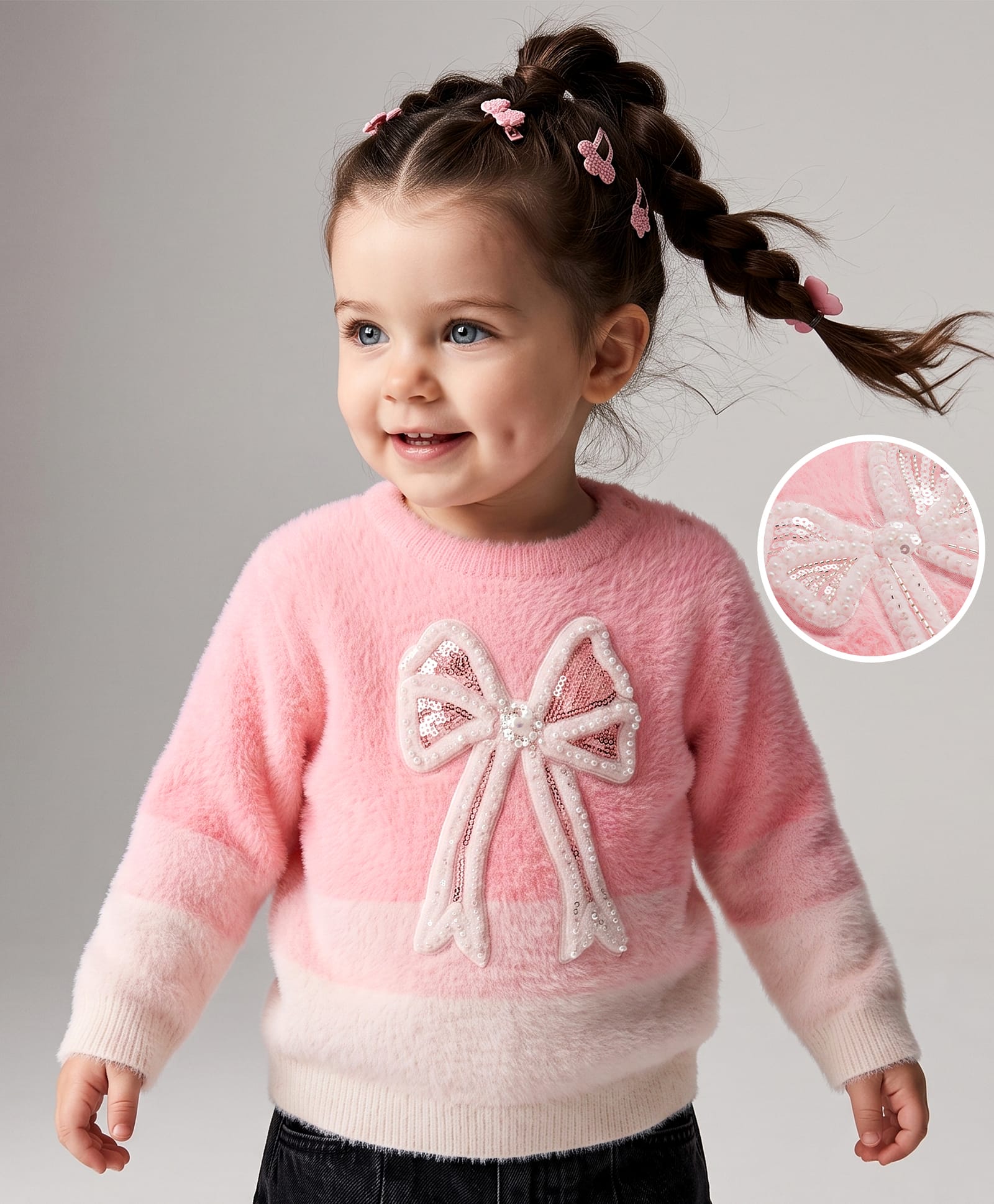 Babyoye Knit Full Sleeves Pullovers With Sequins Bow - Pink & White-image-19