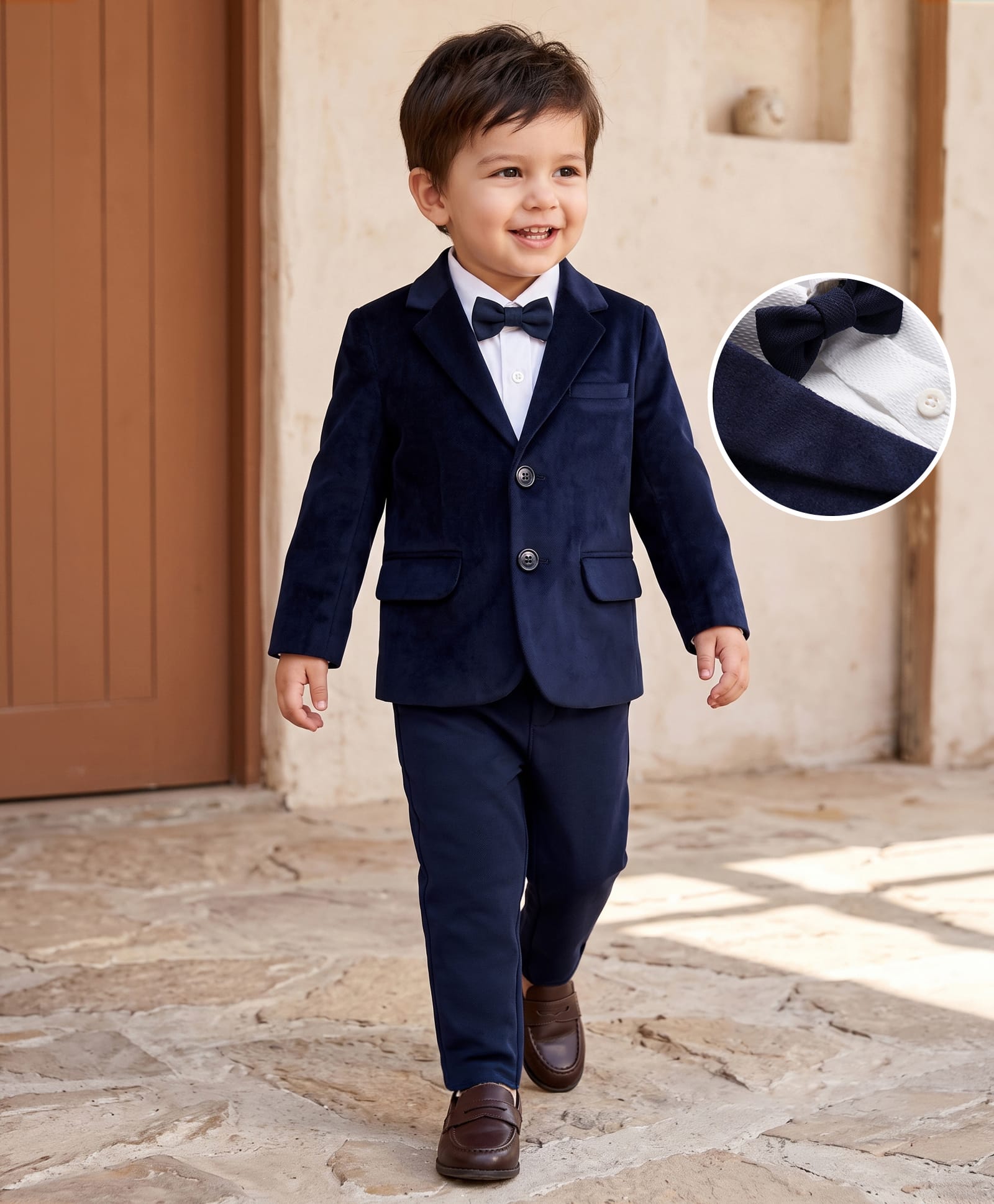 Babyhug Woven Full Sleeves Solid Three Piece Party Suit With Bow - Navy Blue-picture-22