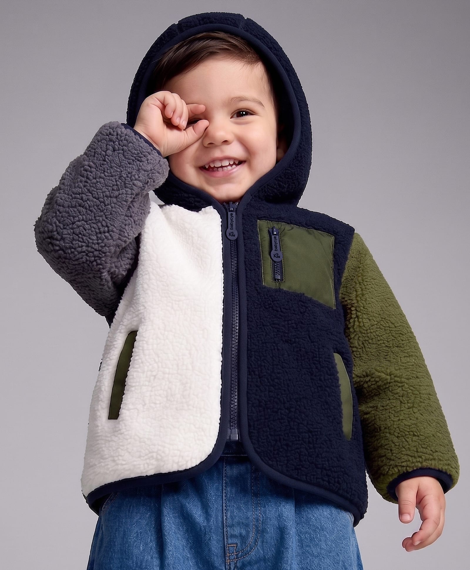 Babyoye Sherpa Woven Hoodies with Full Sleeves and Color Block - Navy Blue-image-30