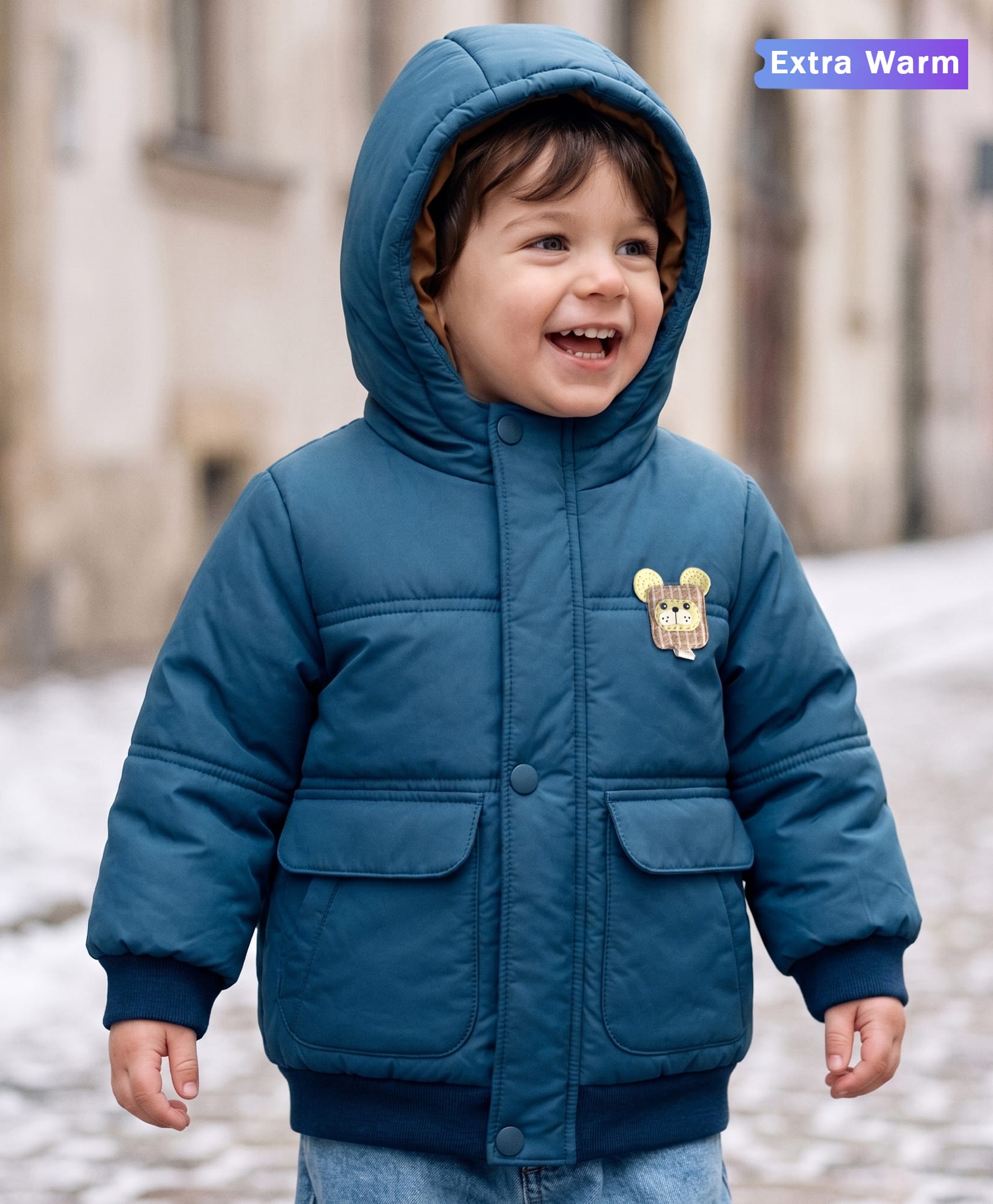 Babyoye Woven Full Sleeves Hooded Padded Jacket with Applique - Blue-image-16