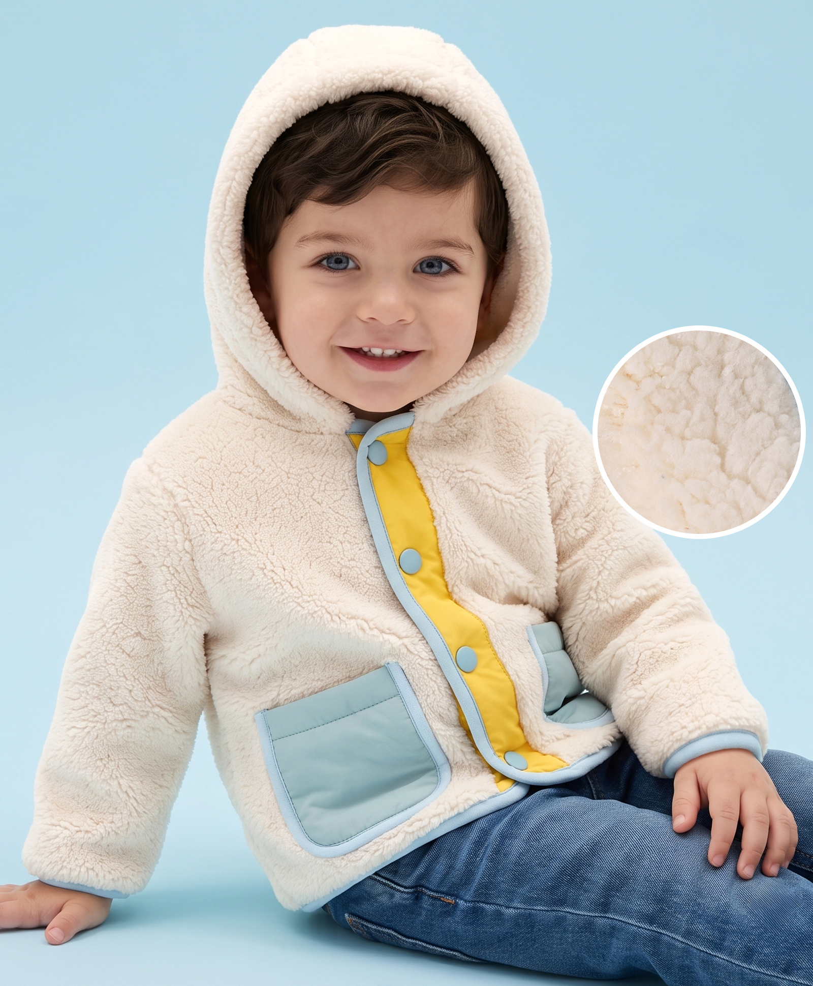 Babyoye Woven Full Sleeves Solid Colour Hooded Sherpa Jacket - Off white-image-33