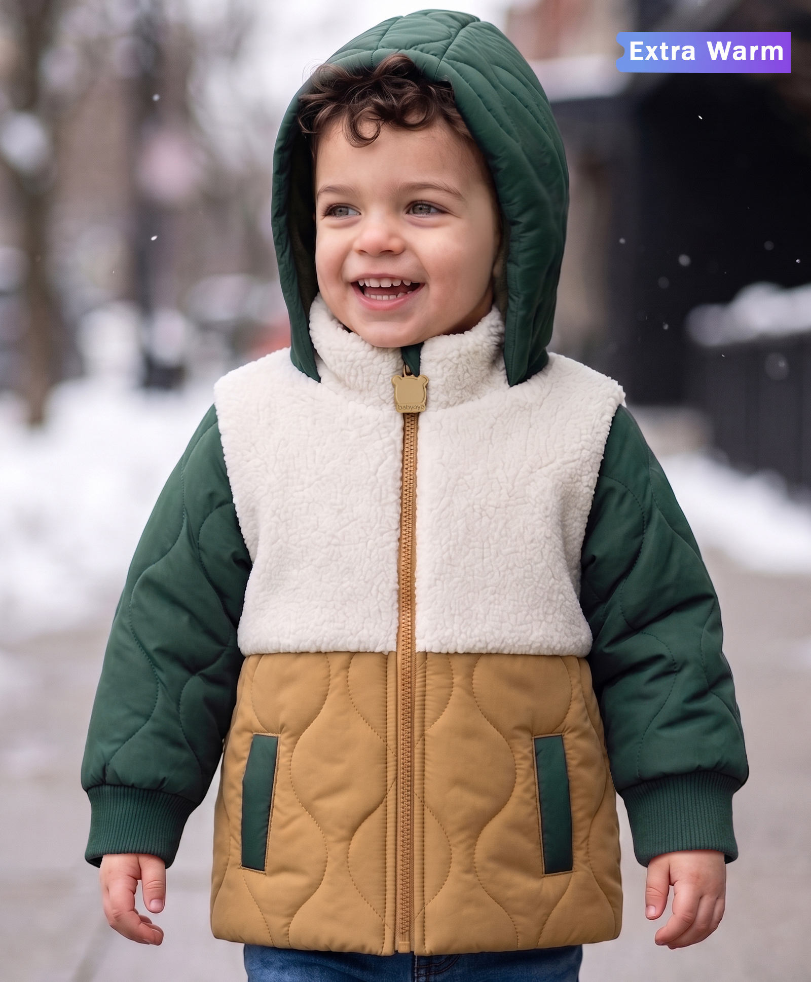 Babyoye Woven Full Sleeves Hooded Sherpa & Colour Block Jacket - White & Dark Green-image-46