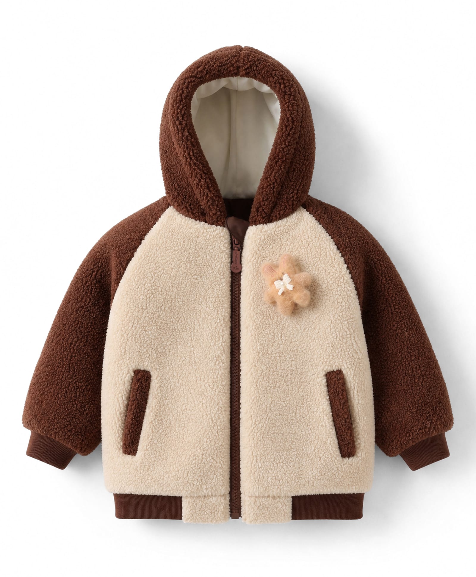 Babyoye Sherpa Knit Hoodies with Full Sleeves and Floral Applique - Brown-picture-22