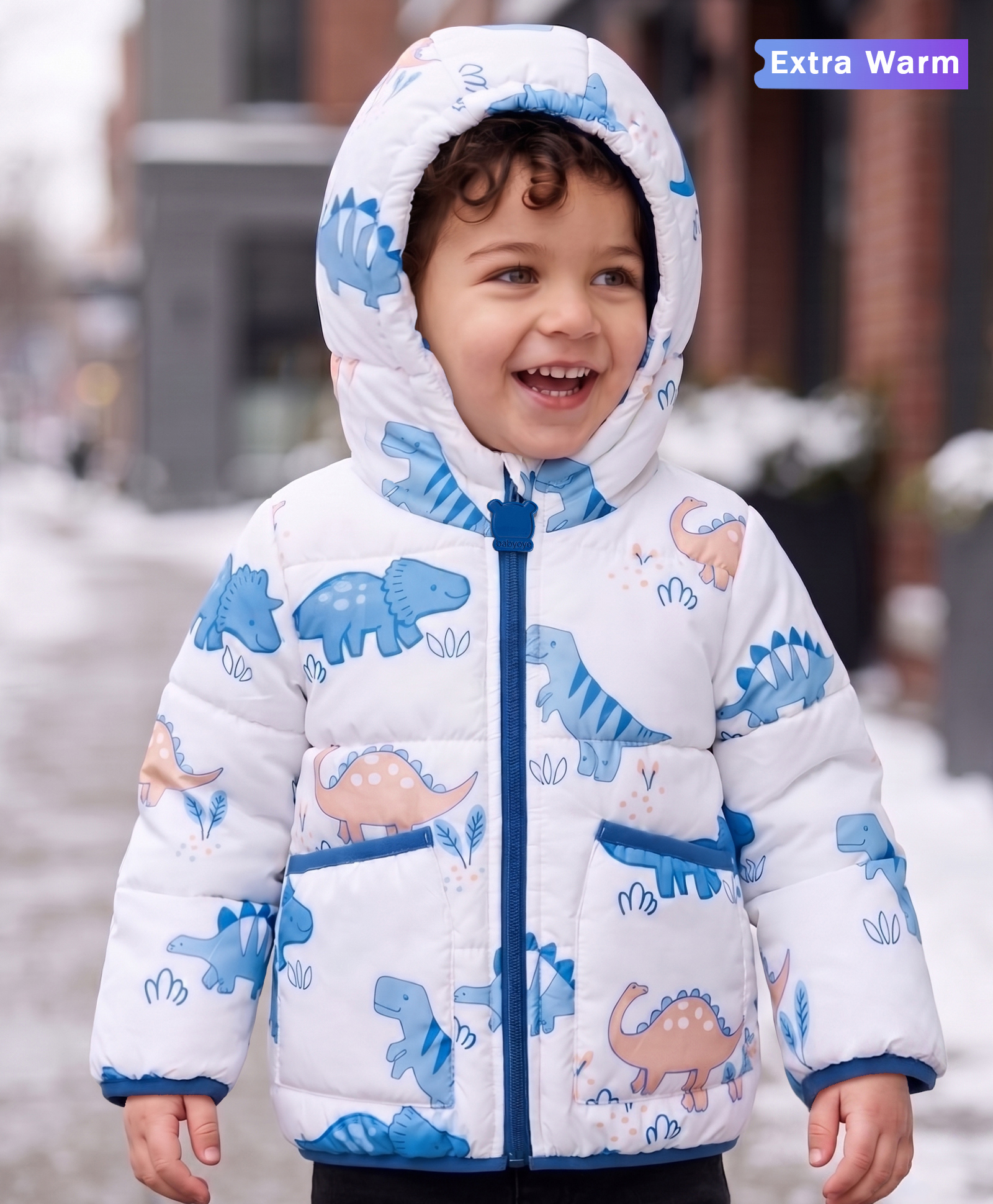 Babyoye Knit Full Sleeves Dino Printed Hooded Padded Jacket - White-picture-20
