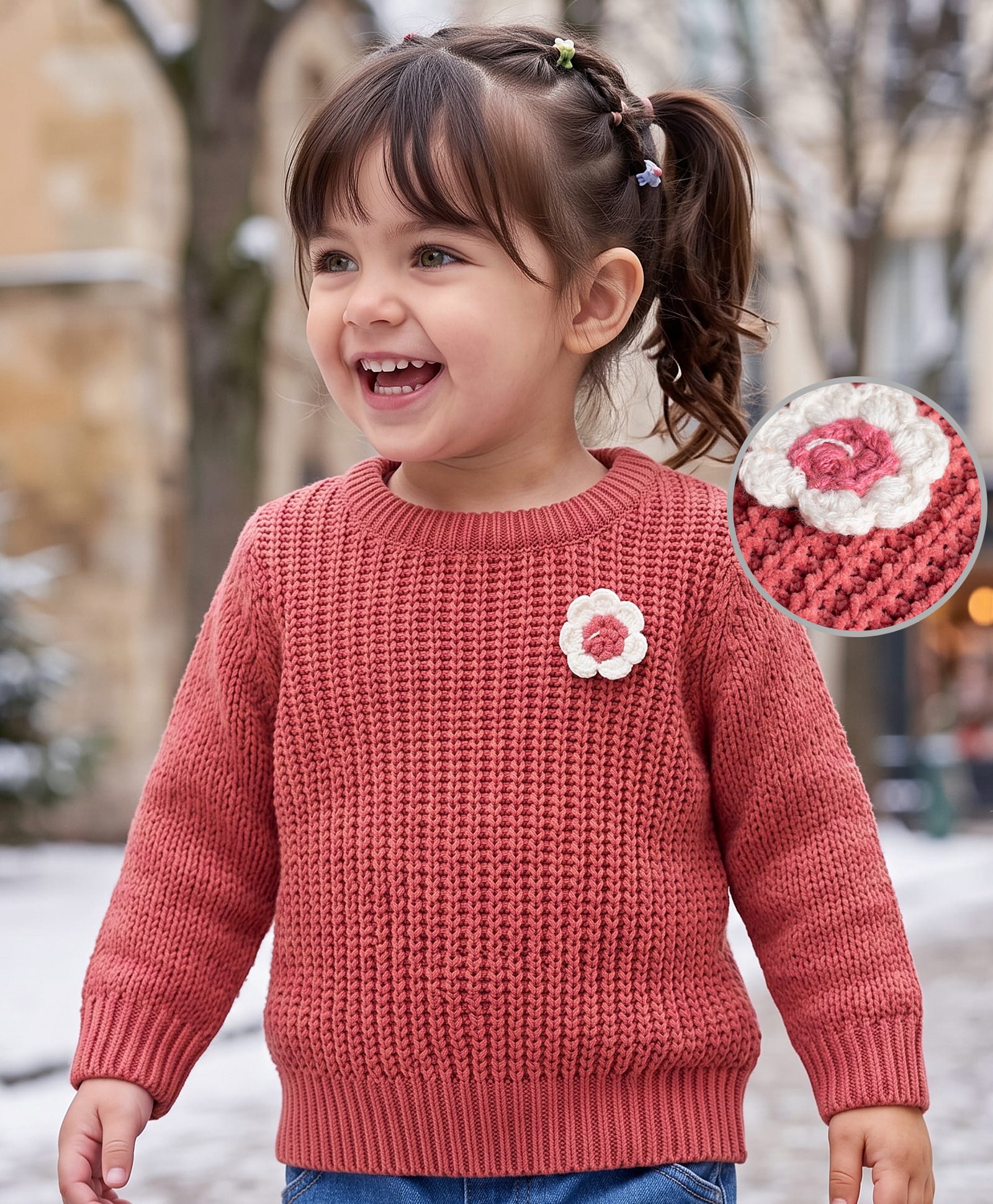 Babyoye Knit Full Sleeves Pullover with Floral Applique - Maroon-image-48
