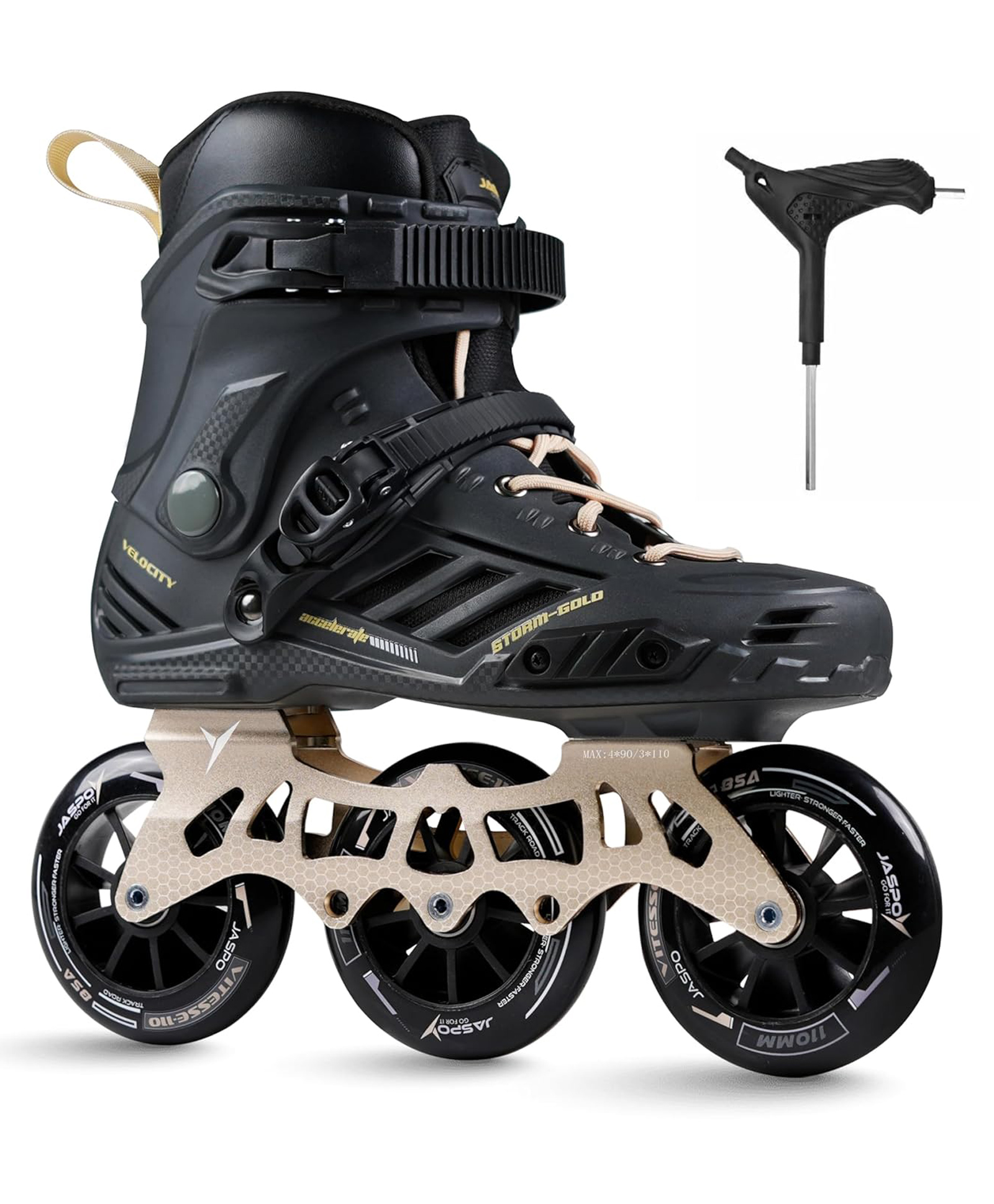 Jaspo Vitesse- Storm Gold Limited Edition Hard Boot CNC Aluminum Frame | 110mm 85A Wheels Triple Lock Buckle + Lace System EVA Liner | Urban Skating (Black & Gold, XXL (UK Size - 8.5-10)-image-44