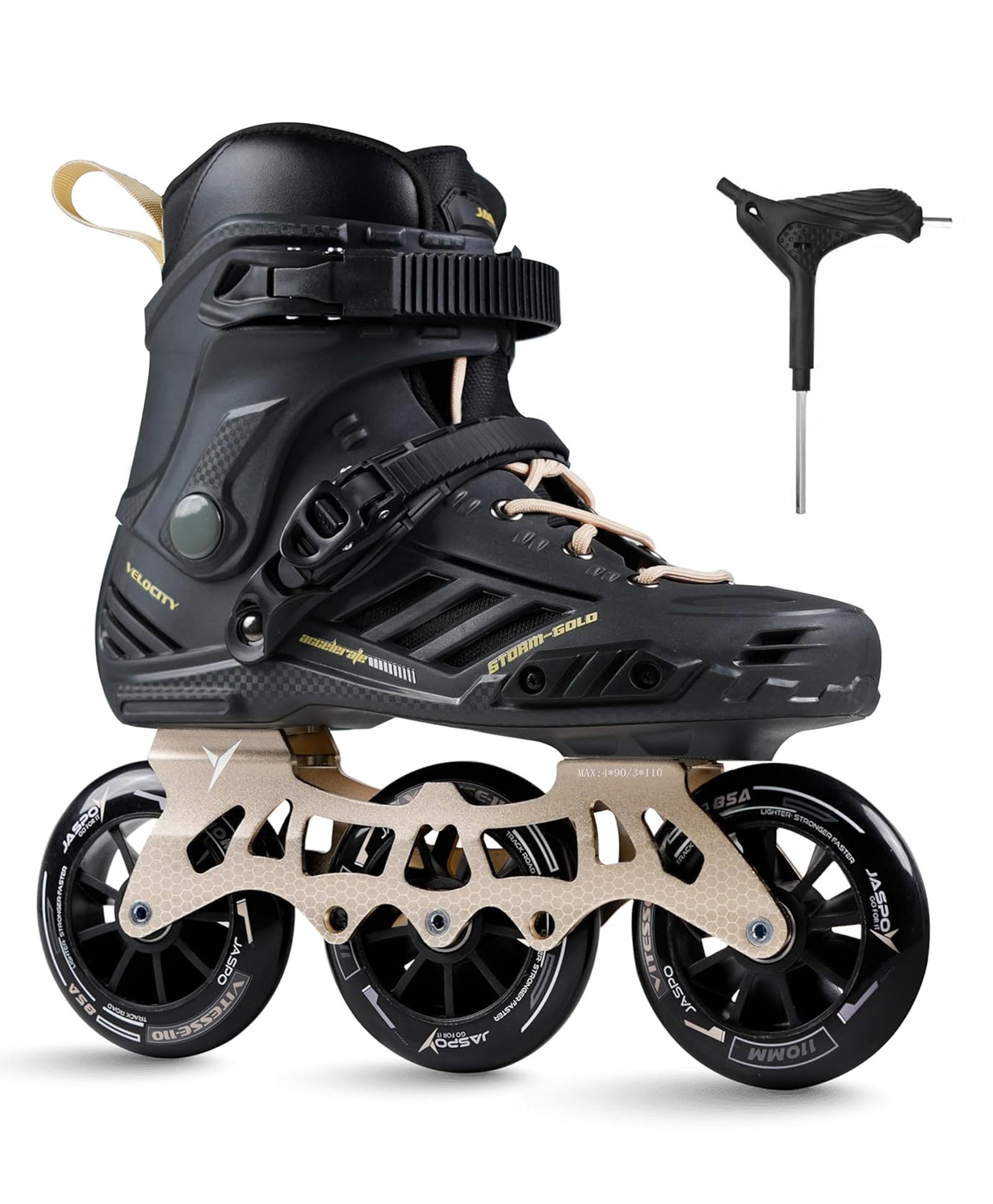 Jaspo Vitesse- Storm Gold Limited Edition Hard Boot CNC Aluminum Frame 110mm 85A Wheels Triple Lock Buckle + Lace System EVA Liner Urban Skating (Black & Gold, XL (UK Size-7-8.5)-image-3