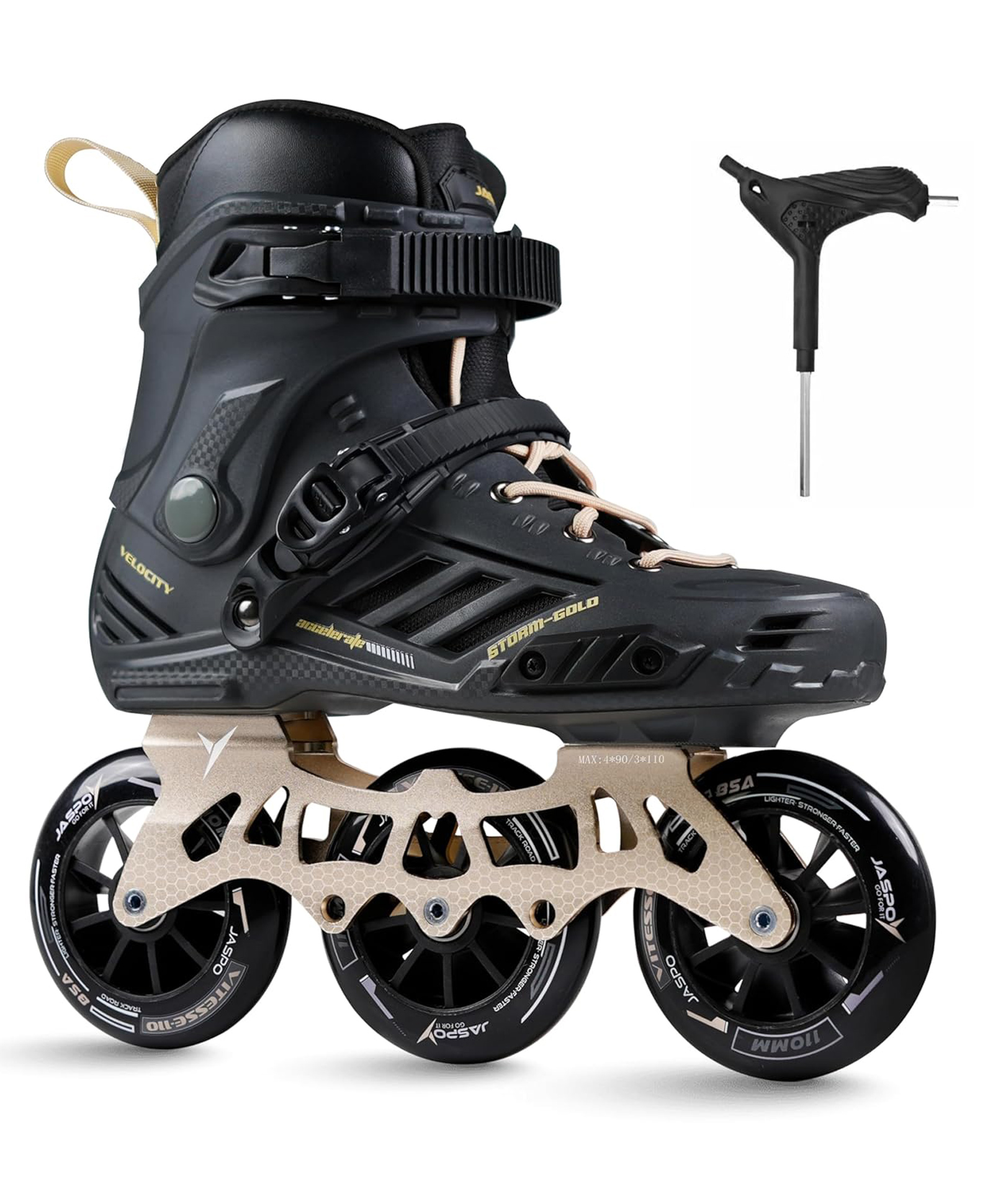Jaspo Vitesse- Storm Gold Limited Edition Hard Boot CNC Aluminum Frame 110mm 85A Wheels Triple Lock Buckle + Lace System EVA Liner Urban Skating (Black & Gold, Large (UK Size- 5.5-7))-picture-24