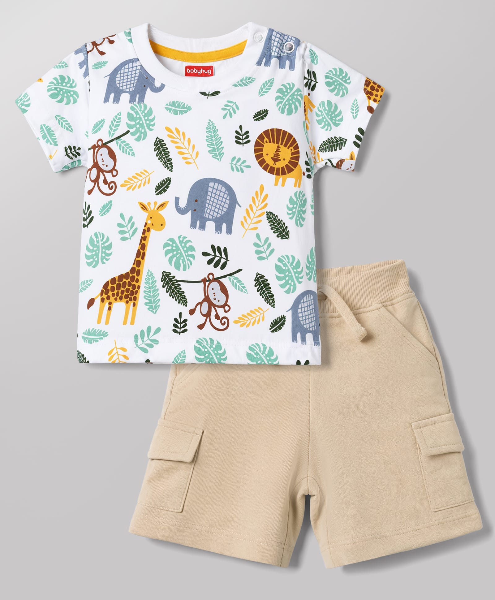 Babyhug Single Jersey Knit Half Sleeves T-Shirt & Shorts Set with Jungle Theme Print - Beige-image-25