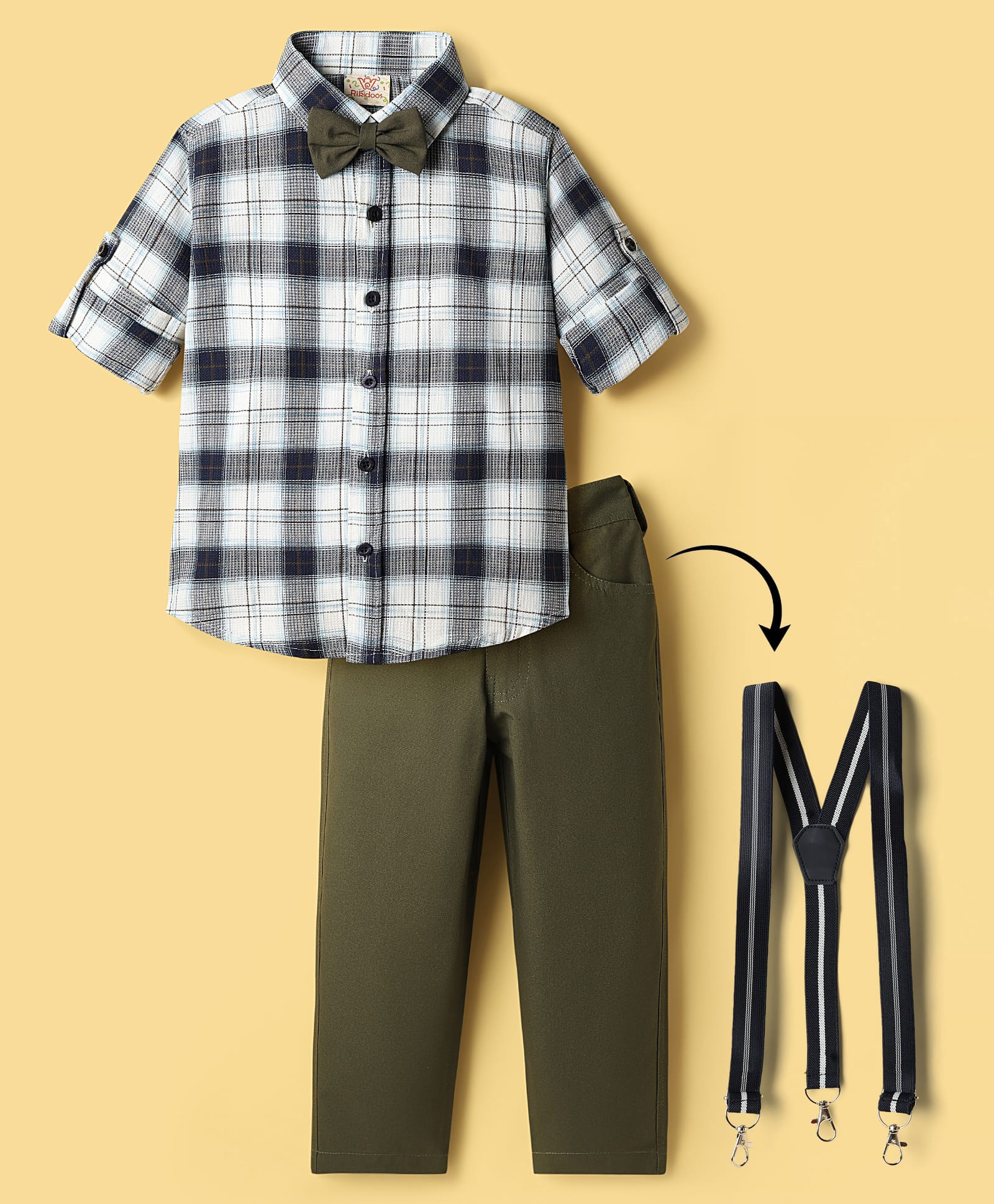 Rikidoos Cotton Woven Full Sleeves Checked Shirt & Pant Set With Suspender & Bow Applique - Olive Green & Blue-picture-2