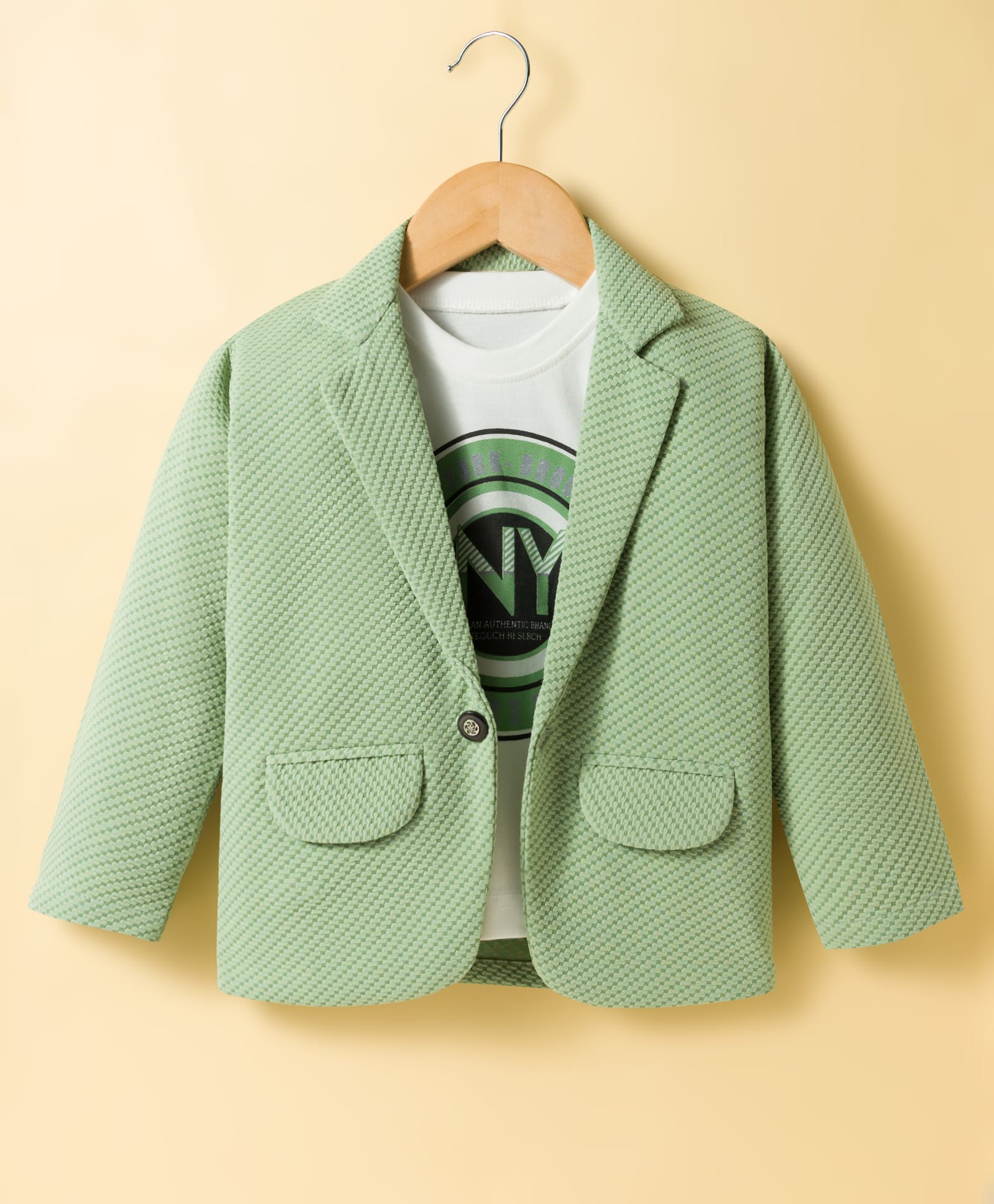 Rikidoos Woven Full Sleeves Textured Blazer With Inner Tee With Text Print - Light Green-picture-34
