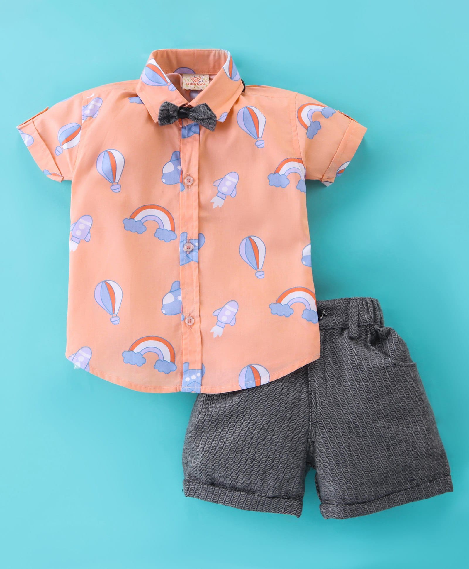Rikidoos Cotton Woven Half Sleeves Rainbow & Space Theme Printed Shirt & Shorts Set With Bow - Peach & Black-picture-25