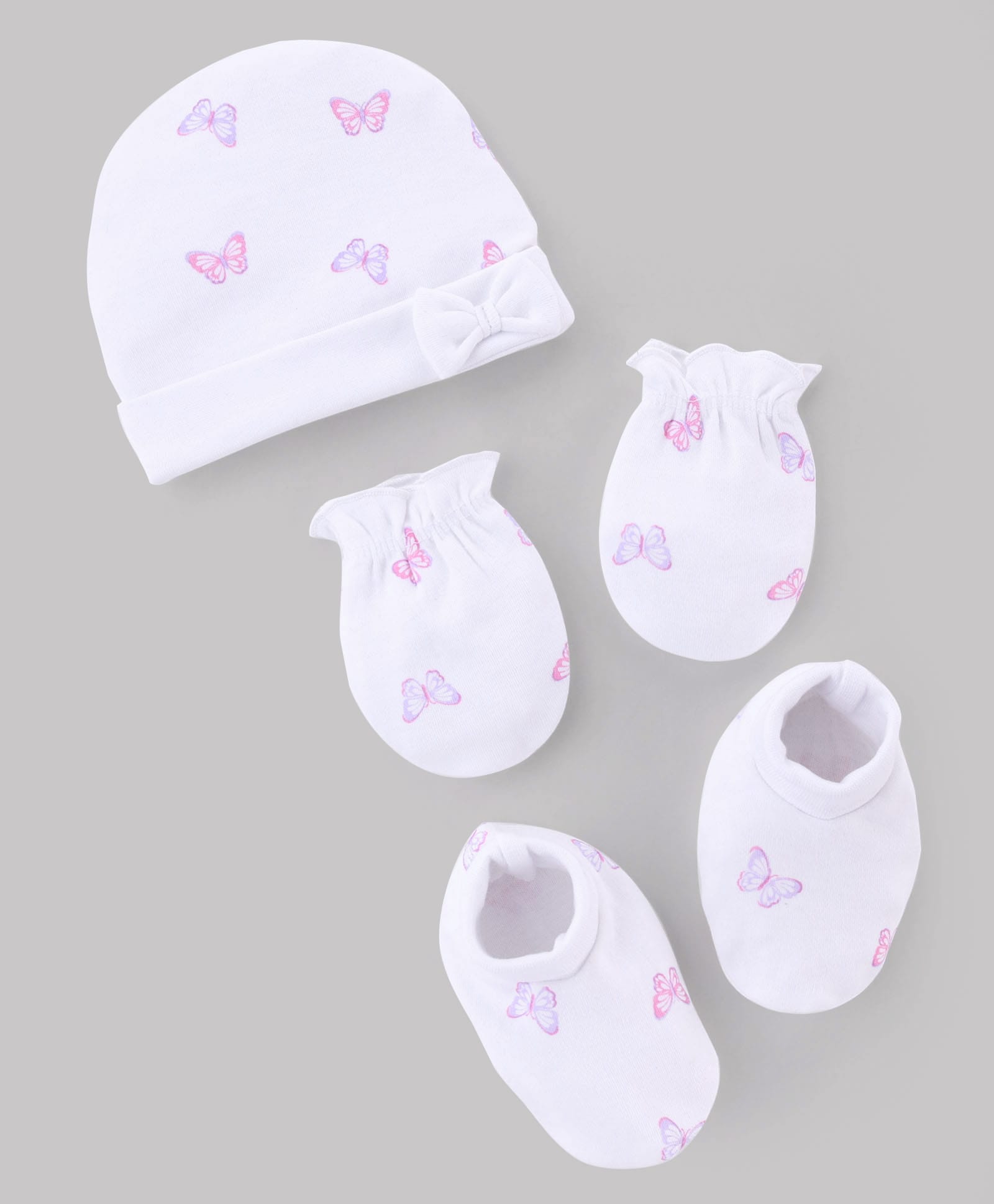 Babyhug 100% Cotton Interlock Knit Cap Mittens & Booties with Butterfly Print & Bow Applique White - Diameter 15.5 cm-image-30